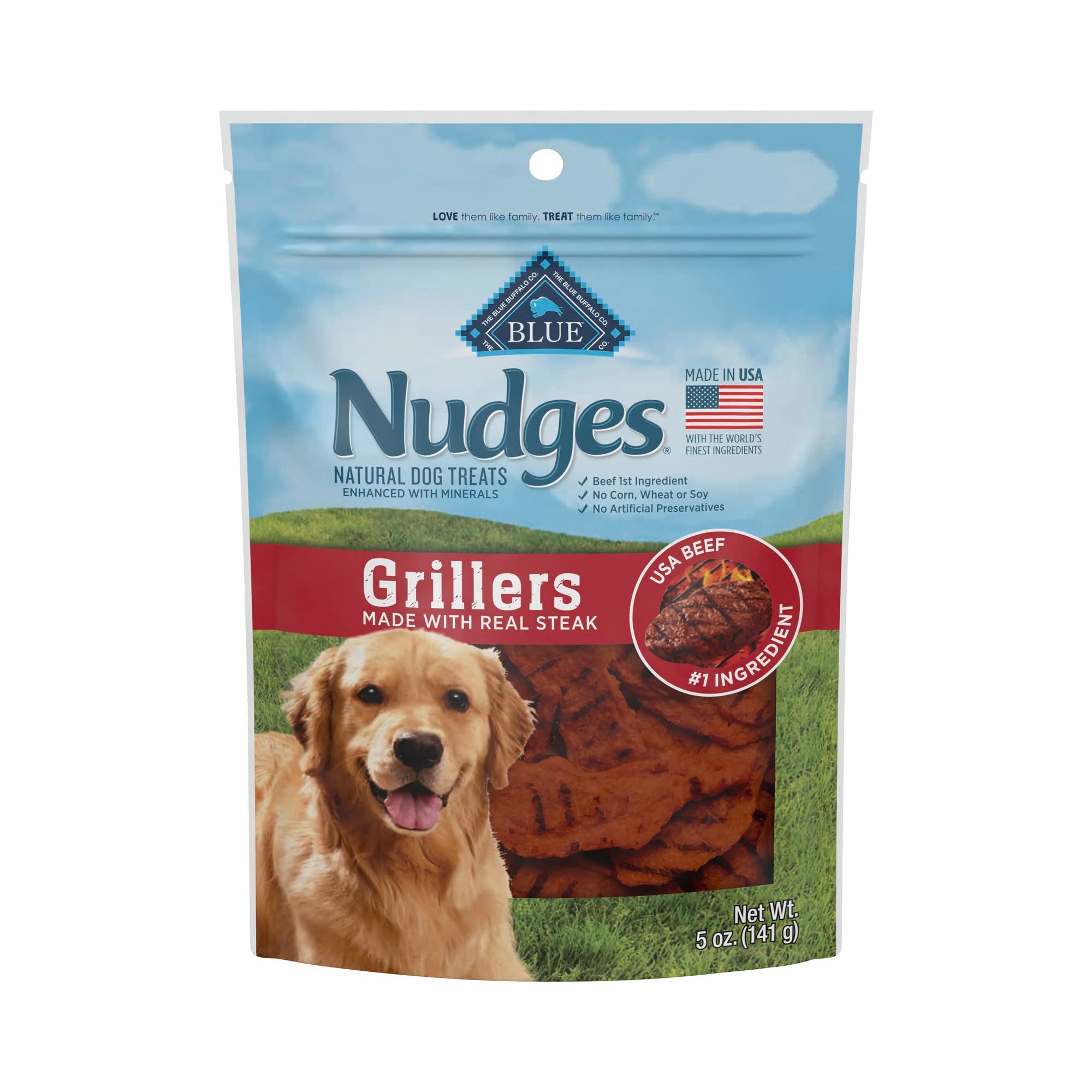Blue Buffalo Nudges Grillers Natural Dog Treats, Made in the USA with Real Steak, 5-oz Bag