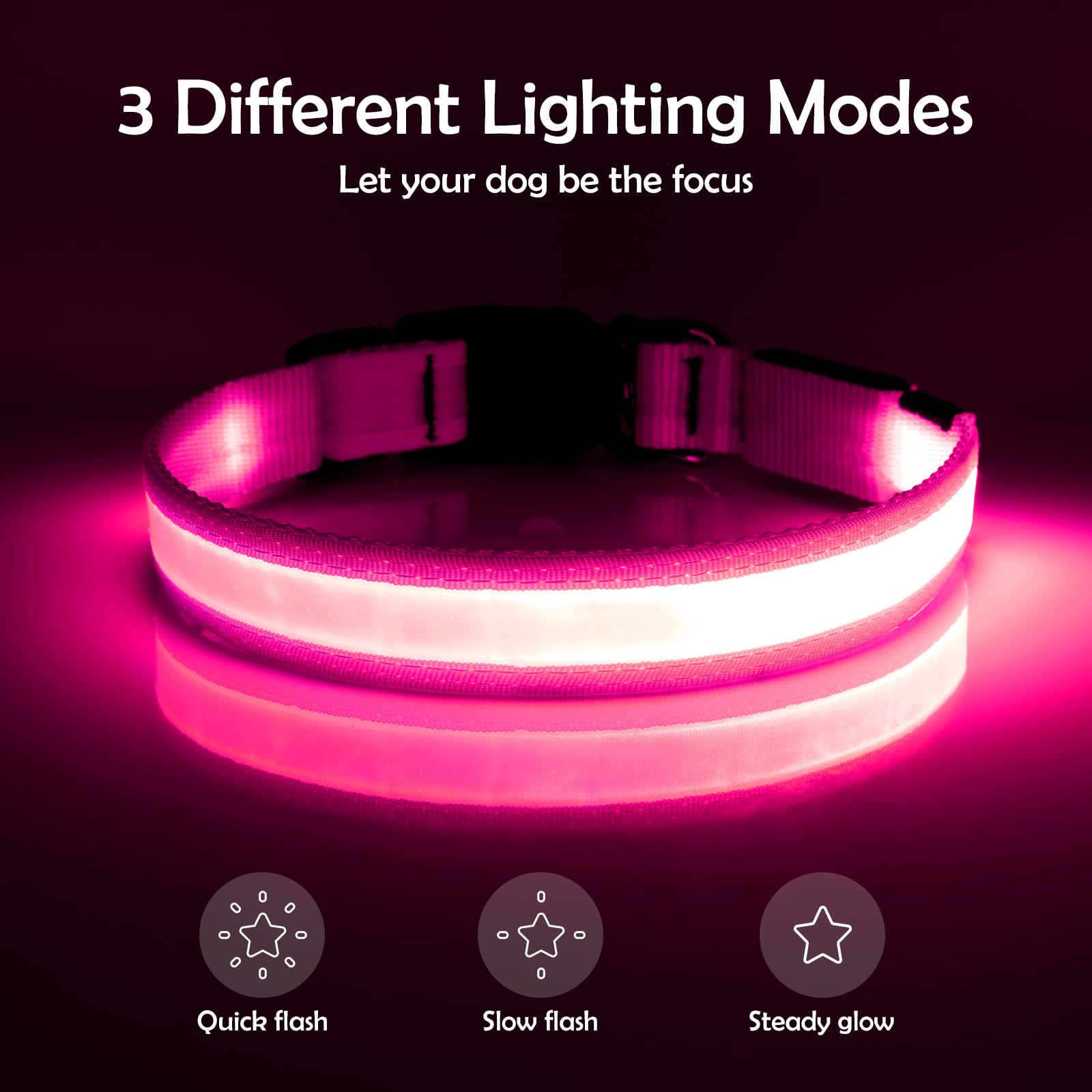 Vizpet Led Dog Collar, Light Up Dog Collar Adjustable Usb Rechargeable Super Bright Safety Light Glowing Collars For Dogs (Medium, Pink)