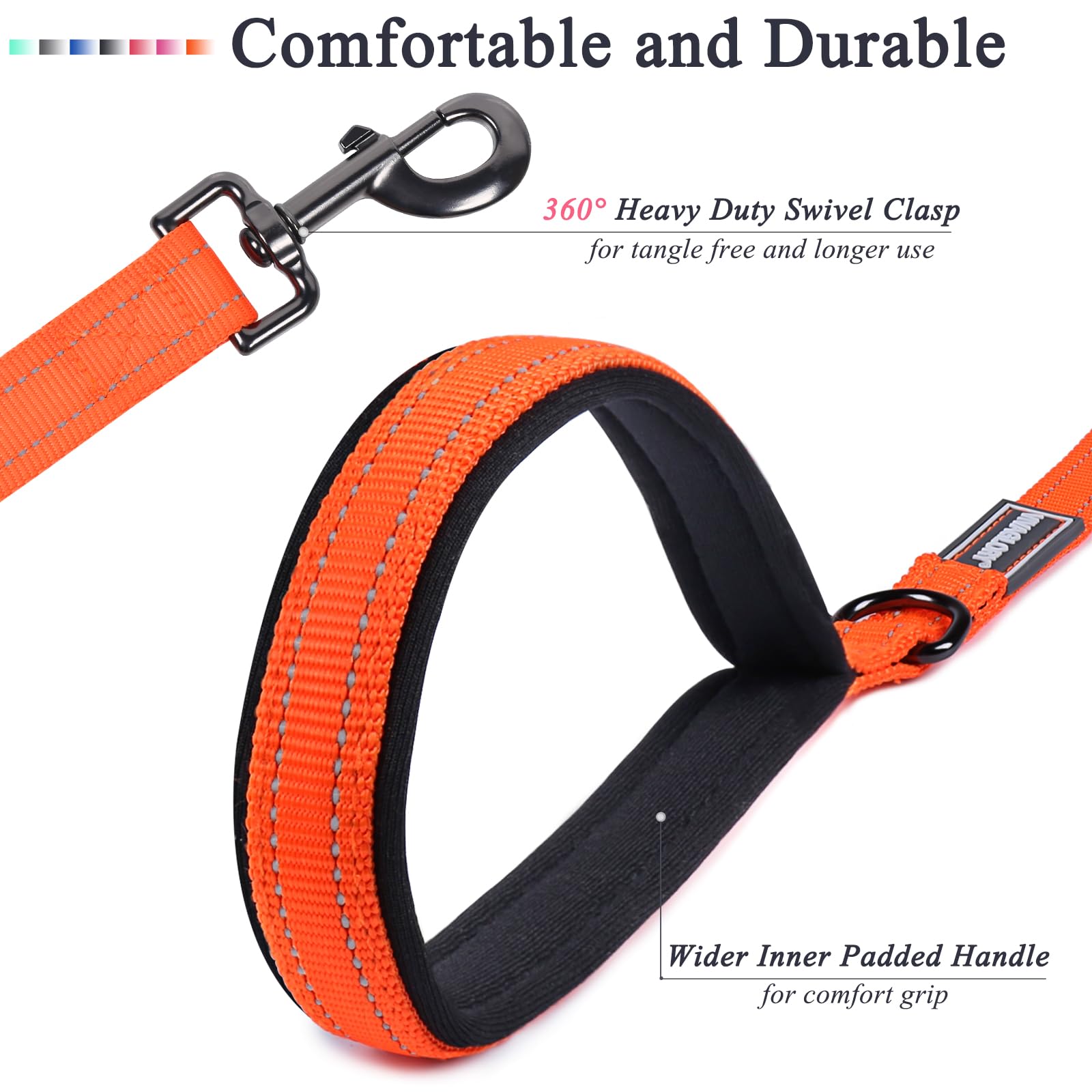 Vivaglory Dog Leash With Two Padded Handles, Heavy Duty 6Ft Reflective Nylon Traffic Leash Training Walking Lead With For Mediun Large Breed Dogs, Orange