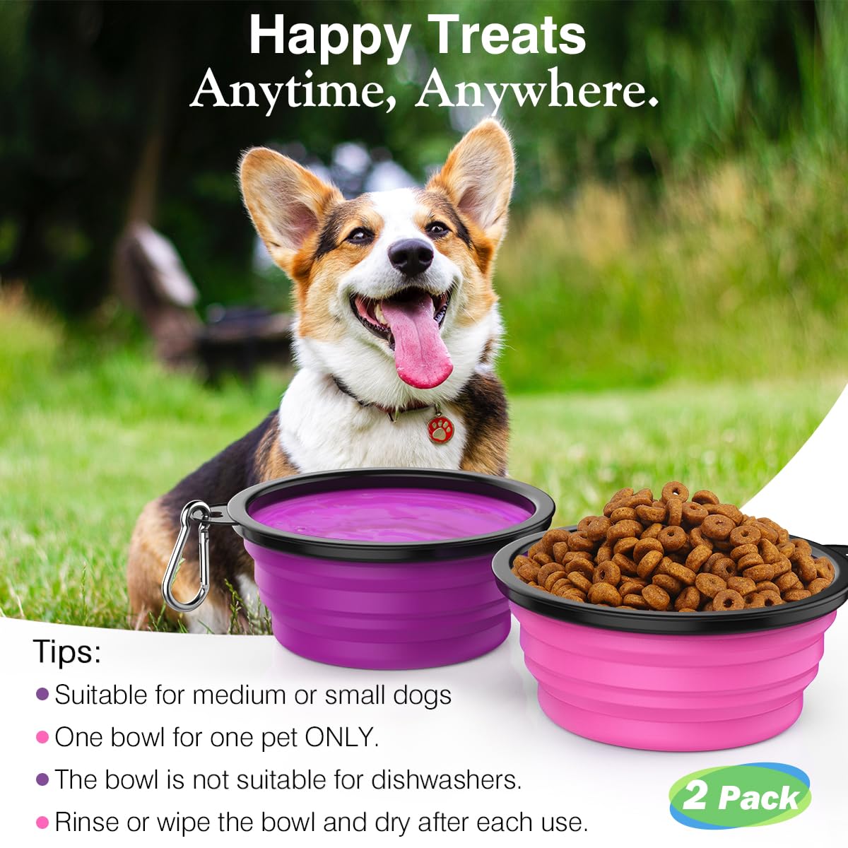 Pawaboo Collapsible Dog Bowls 2 Pack, Silicone Feeding Watering Bowls with Lids & Carabiners for Dogs Cats, Portable Water Feede