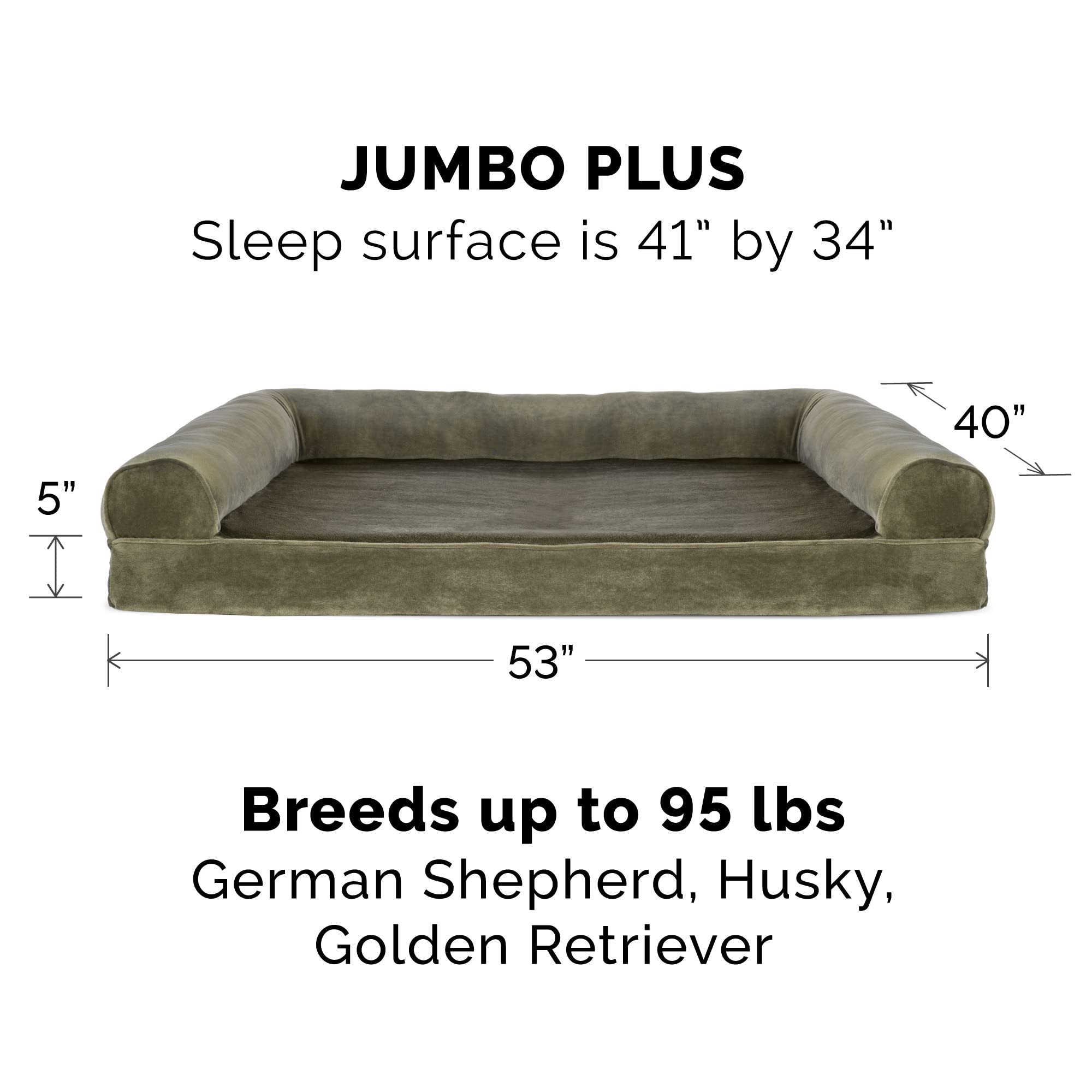 Furhaven Orthopedic Dog Bed For Large Dogs W/ Removable Bolsters & Washable Cover, For Dogs Up To 125 Lbs - Faux Fur & Velvet Sofa - Dark Sage, Jumbo Plus/Xxl