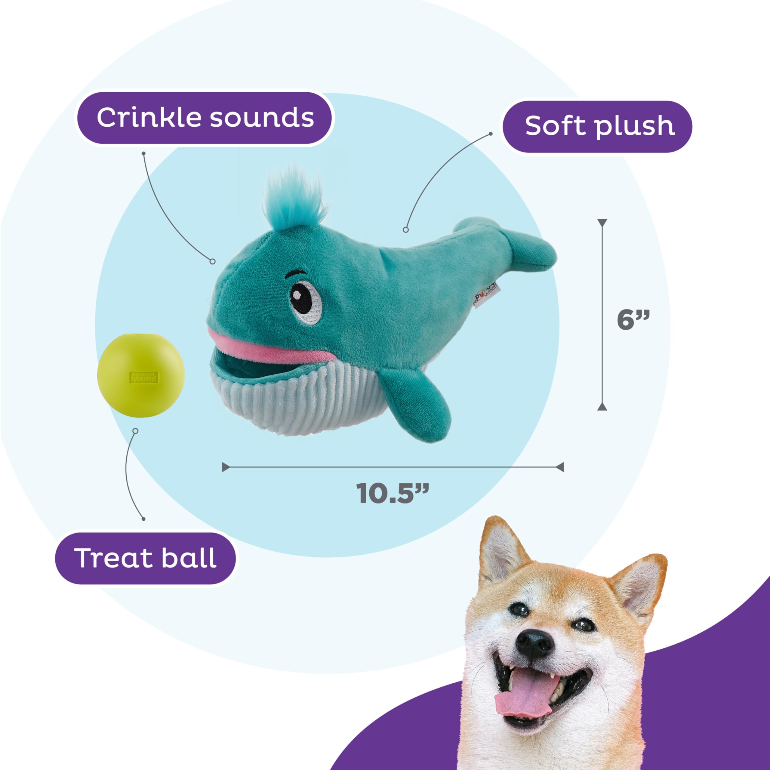 Outward Hound Big Mouthz Interactive Plush Dog Puzzle, Whale, One-Size, Model 71526, Durable Plastic Treat Ball