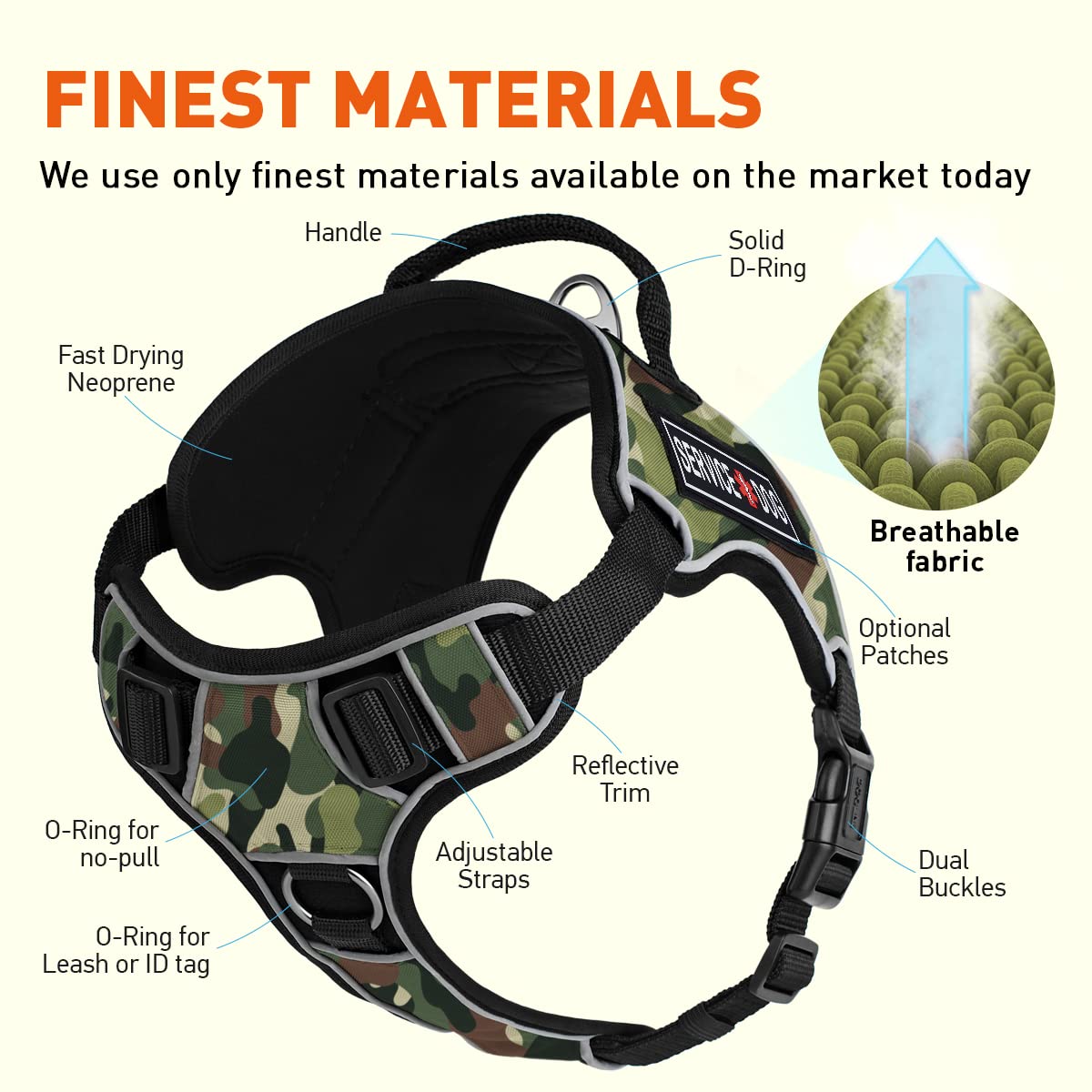 Dogline Quest No-Pull Dog Harness with 3D Rubber Service Dog Removable Patches Reflective Soft Comfortable Dog Vest with Quick R