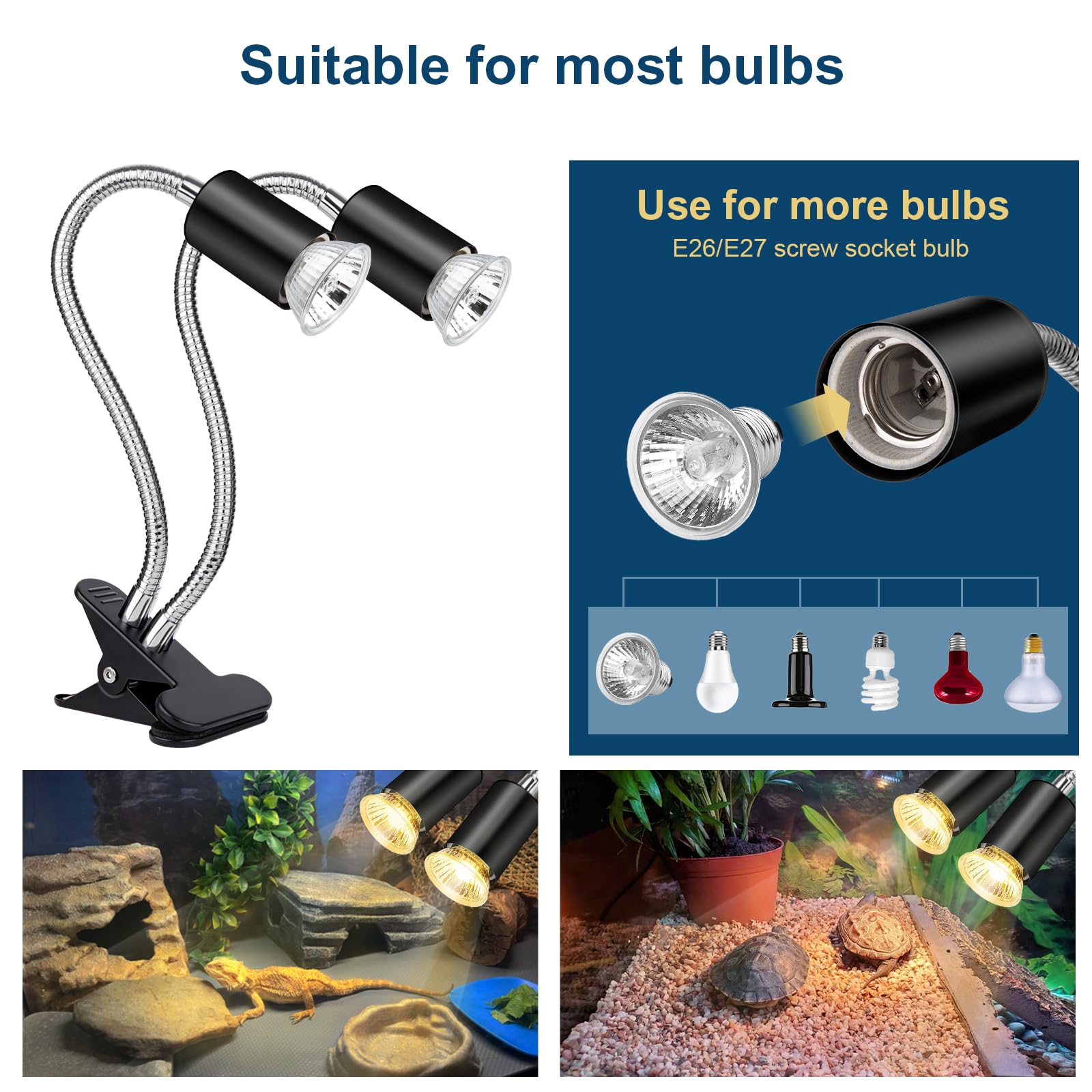 Buddypuppy Reptile Heat Lamp, Double-Head Reptile Light Timer, UVA UVB Reptile Light with Clamp for Tortoise, Leopard Gecko, Bea