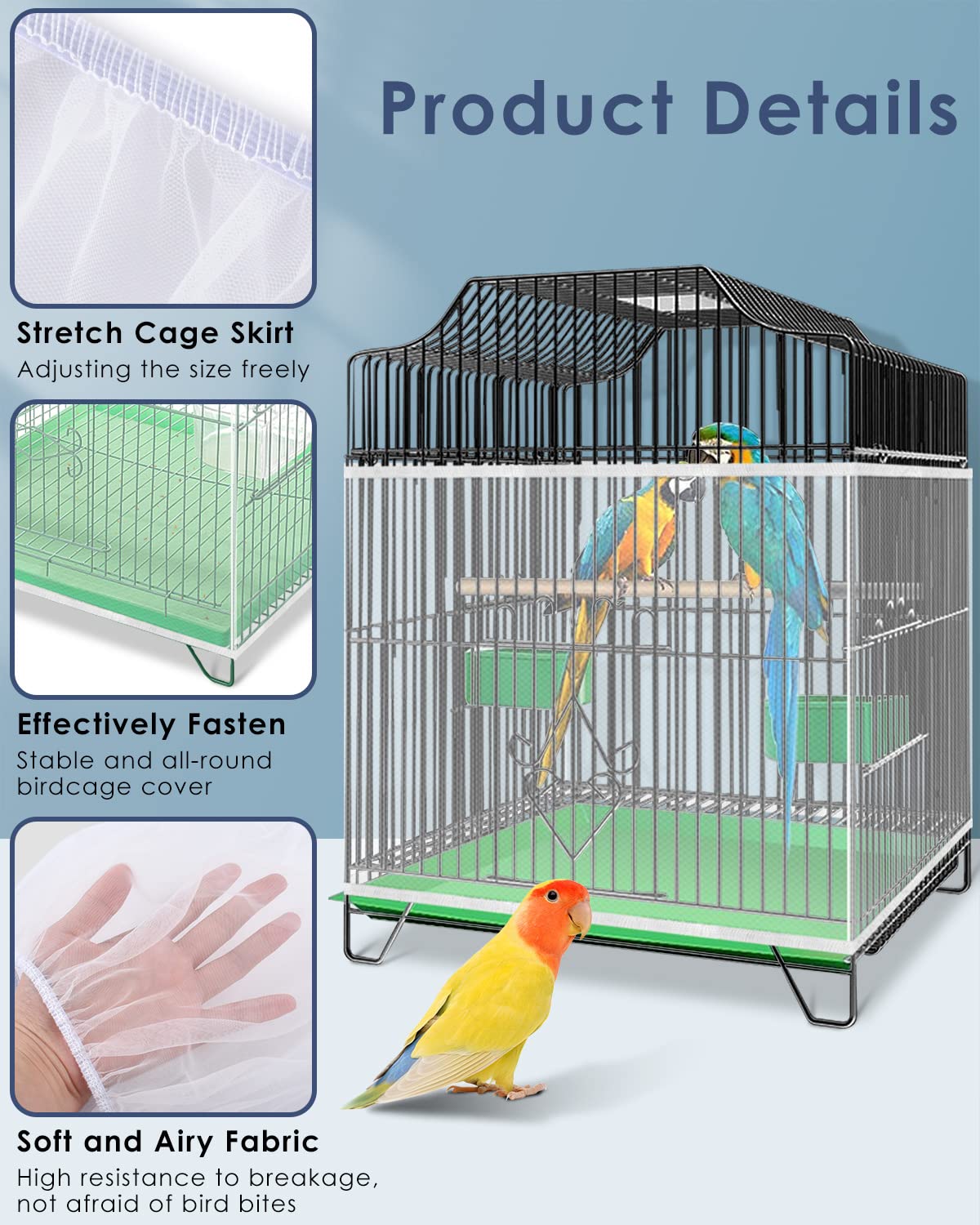 Bissap Bird Cage Seed Catcher, Universal Birdcage Net Nylon Adjustable Elastic Band Stretchy Skirts Mesh Cover for Parrot Cage S