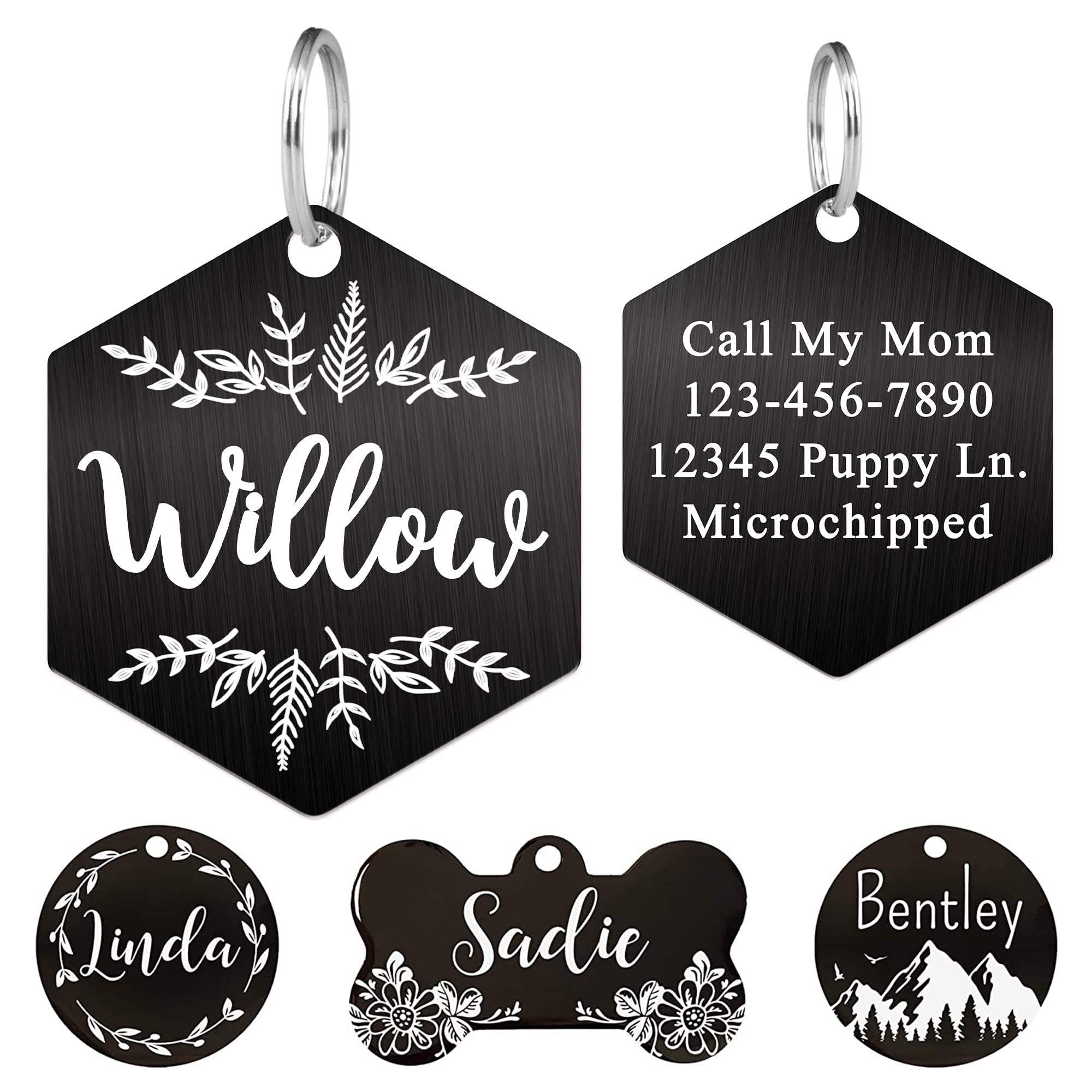 Ultra Joys Stainless Steel Pet Id Tag Dog Name Tags Personalized Front And Back Engraving, Customized Dog Tags And Cat Tags, Optional Engraved On Both Sides, Hexagon Tag With Vine Design, Large