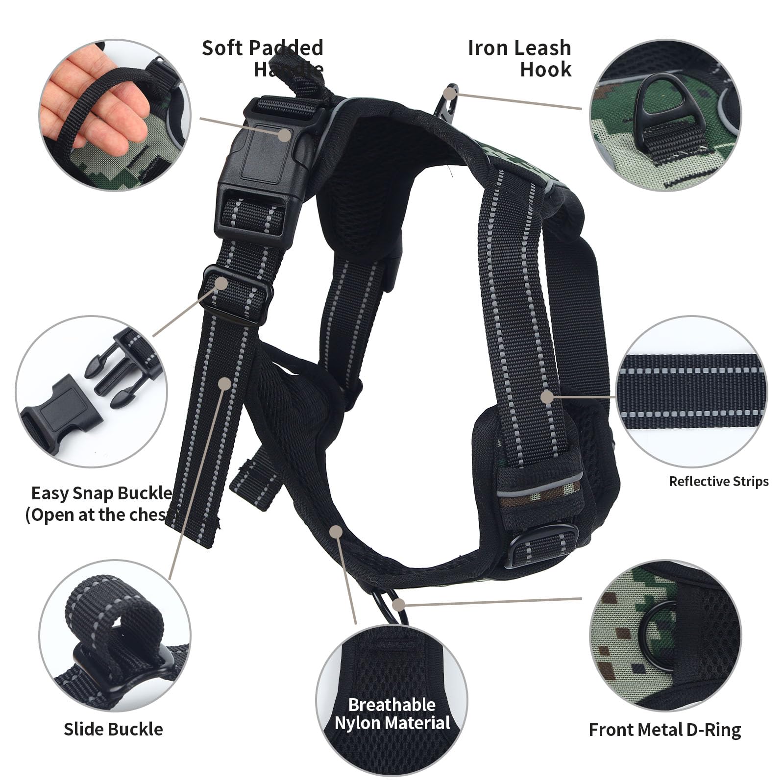 Huitban Adjustable Soft Padded Dog Harness Vest - Breathable Nylon With Safety Buckle, Easy To Put On, Front & Back Ring Attachm