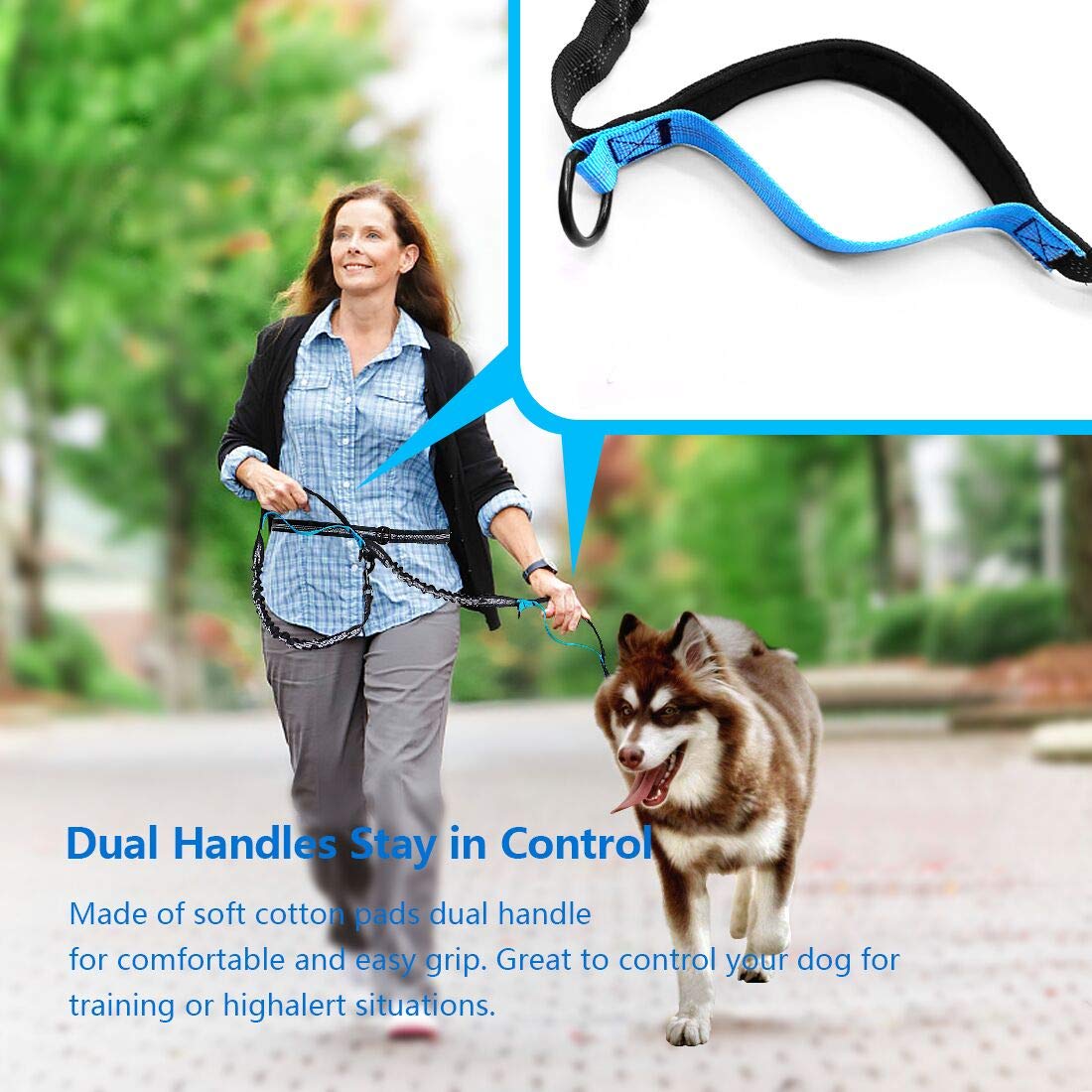 Uppetly Hands Free Dog Running Leash With Adjustable Waist Belt, Dual Handle Elastic Bungees Retractable Rope For Medium And Large Dogs, Reflective Stitches For Walking Hiking Biking
