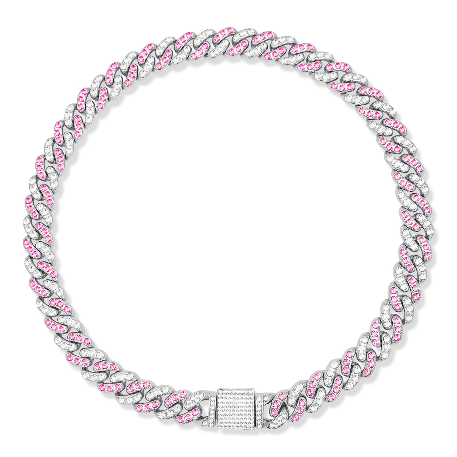 Wimupath Silver-Plated Pink Diamond Dog Collar - Cuban Style Metal Chain With Secure Buckle, Luxury Durable Collar For Small/Med