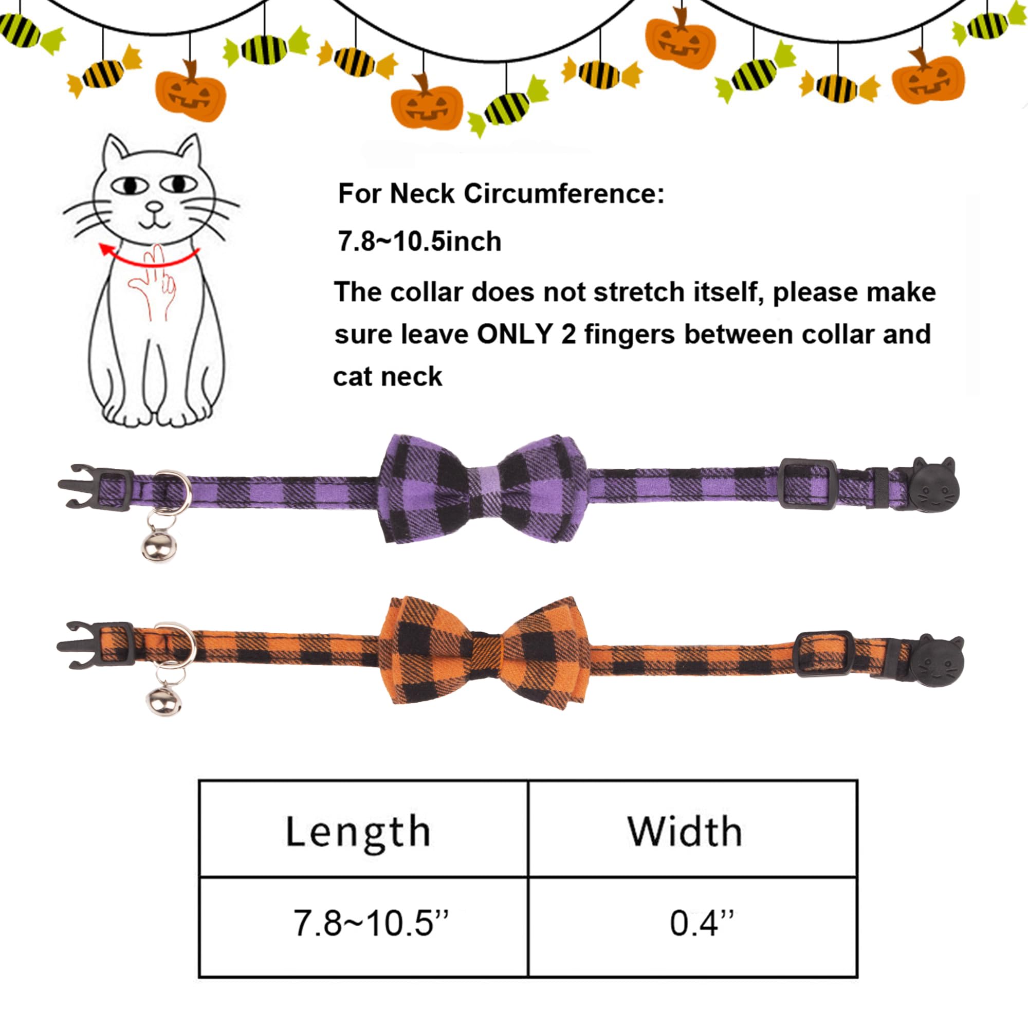 Adoggygo Halloween Cat Collars Breakaway With Removable Bow Tie, 2 Pack Orange Purple Plaid Cat Halloween Bow Collar With Bell For Cats Kittens (Orange&Purple-1)