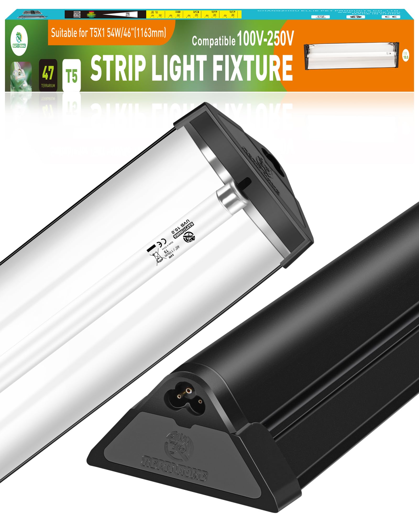 Repti Home T5 Uva Uvb Reptile Light Combo Kit(100V-250V Wide Voltage), Reptile Light Fixture With Uvb 10.0 Fluorescent Tube, 54W