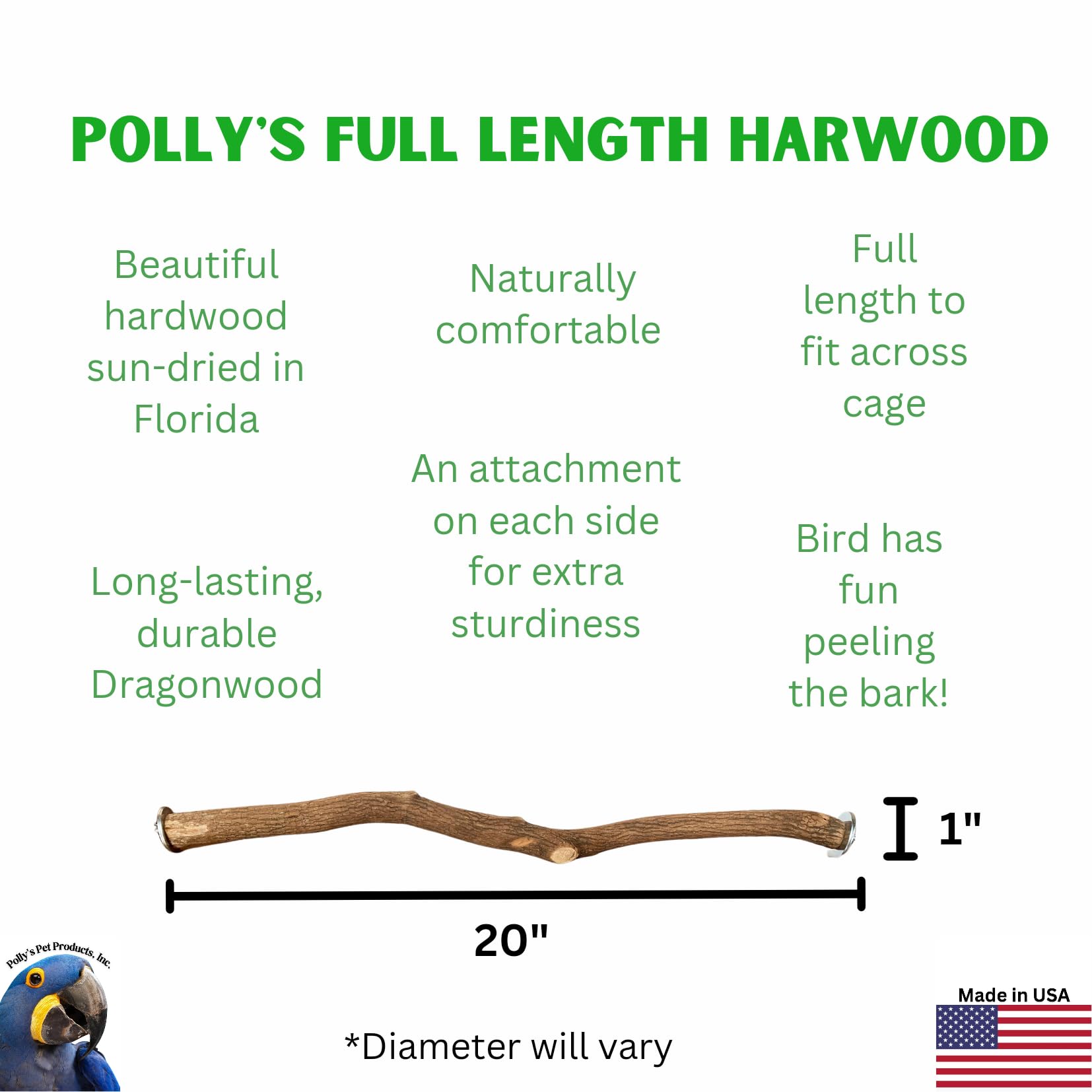Polly's Hardwood Bird Perch, 20-Inch Brown Wood, Model 50798