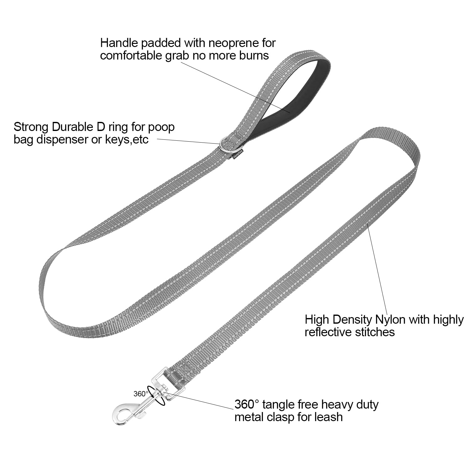 Usunyvora Reflective Nylon Dog Leash For Walking,Strong Dog Leash With Padded Handle For Small And Medium Dogs,4 Ft,Grey