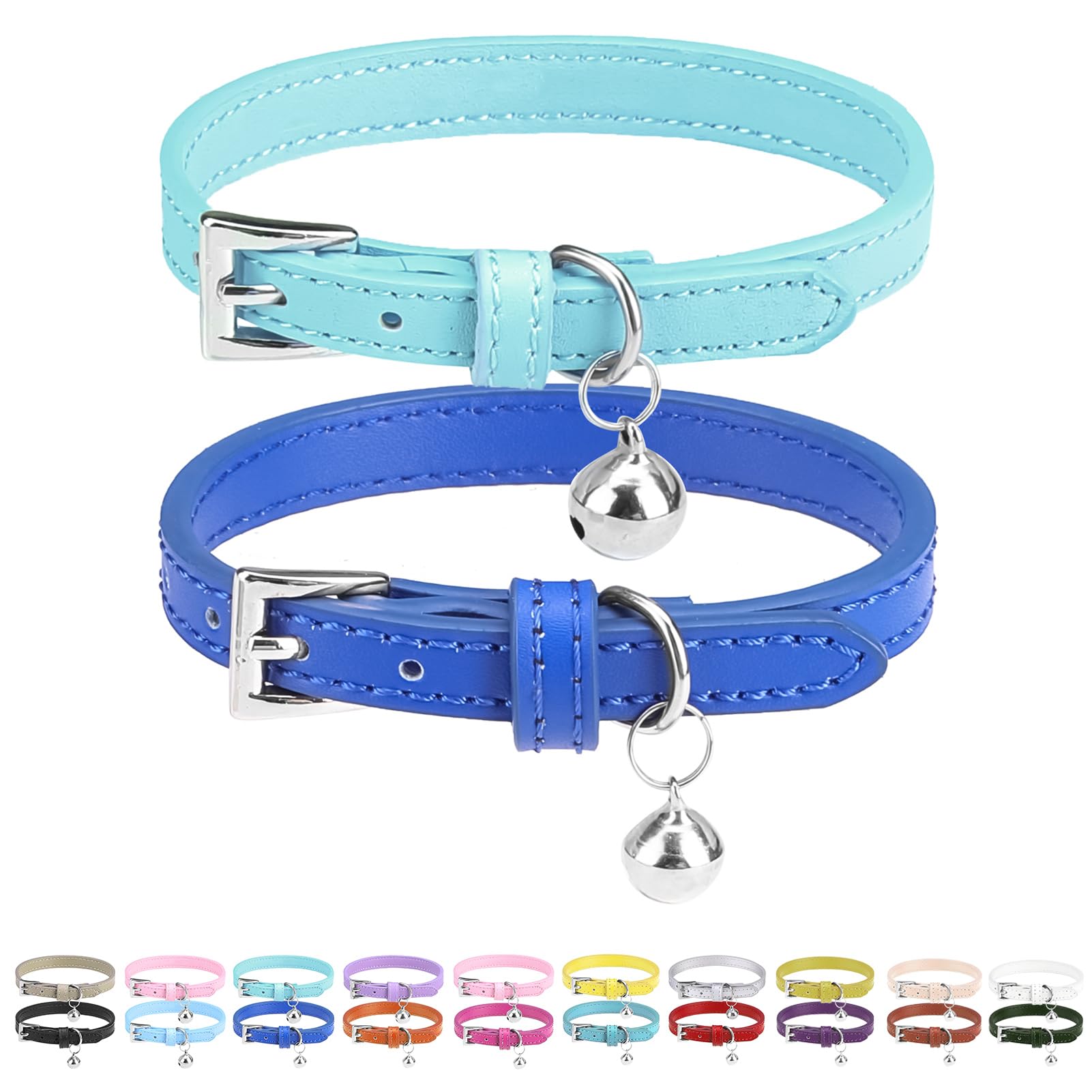Pupteck 2 Pcs Soft Leather Cat Kitten Collar With Bells Adjustable For Girl Boy Cats Puppy - Pale Turquoise, Navy Blue