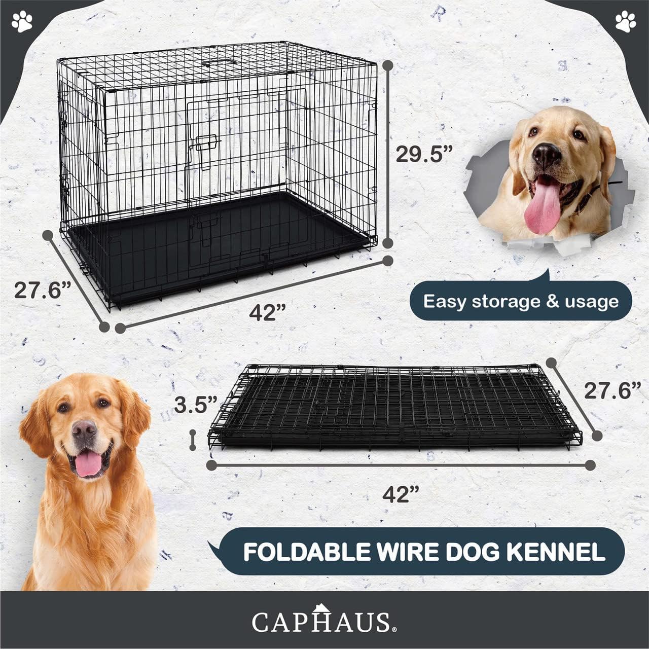 Caphaus Foldable Dog Crate Kennel W/Leak-Proof Pan & Divider Panel, Metal Crate, Small, Medium & Large Dog Crate Indoor Wire Cag