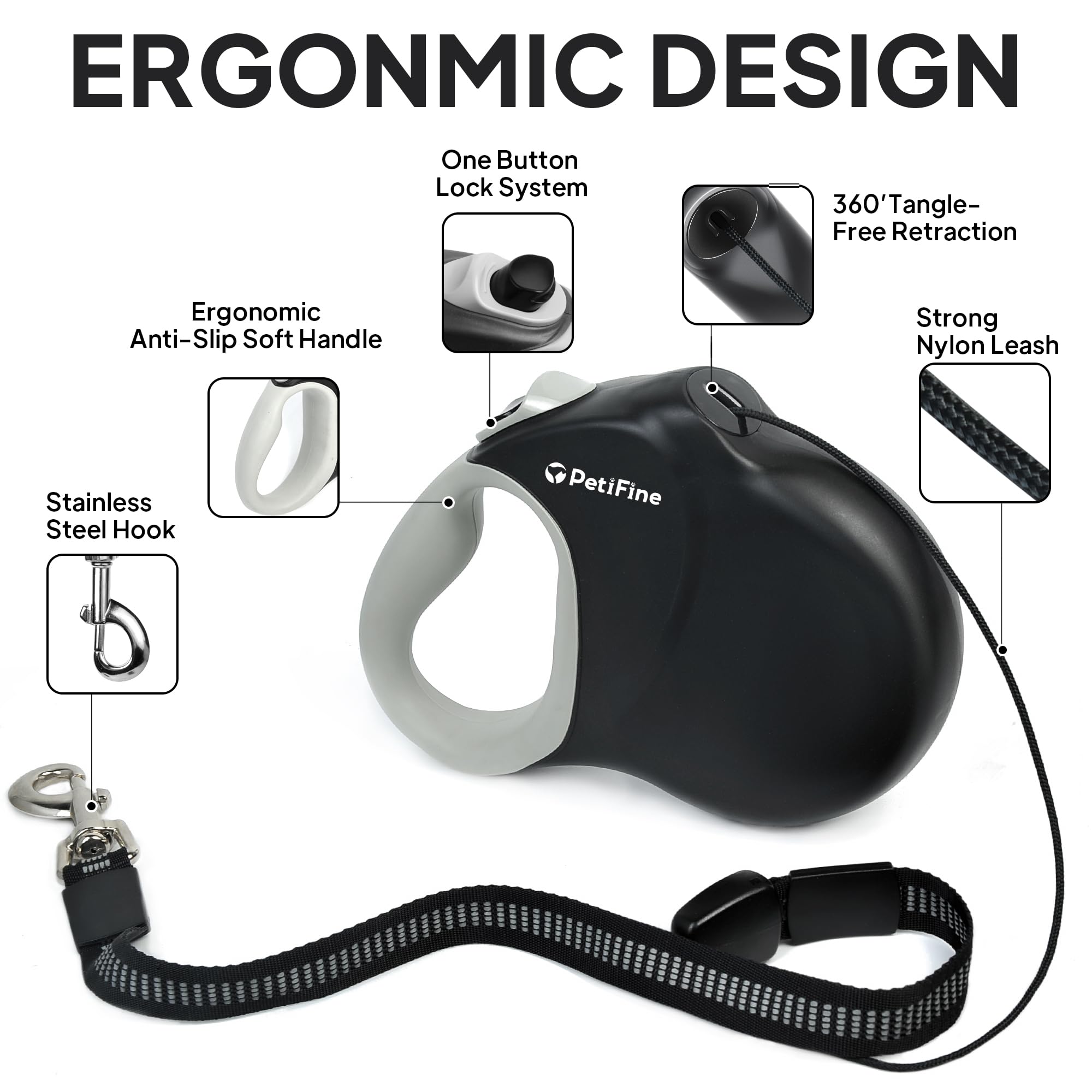 PetiFine Retractable Dog Leash - 30 FT Heavy Duty Nylon Leash for Medium Large Dogs up to 110 lbs - Black
