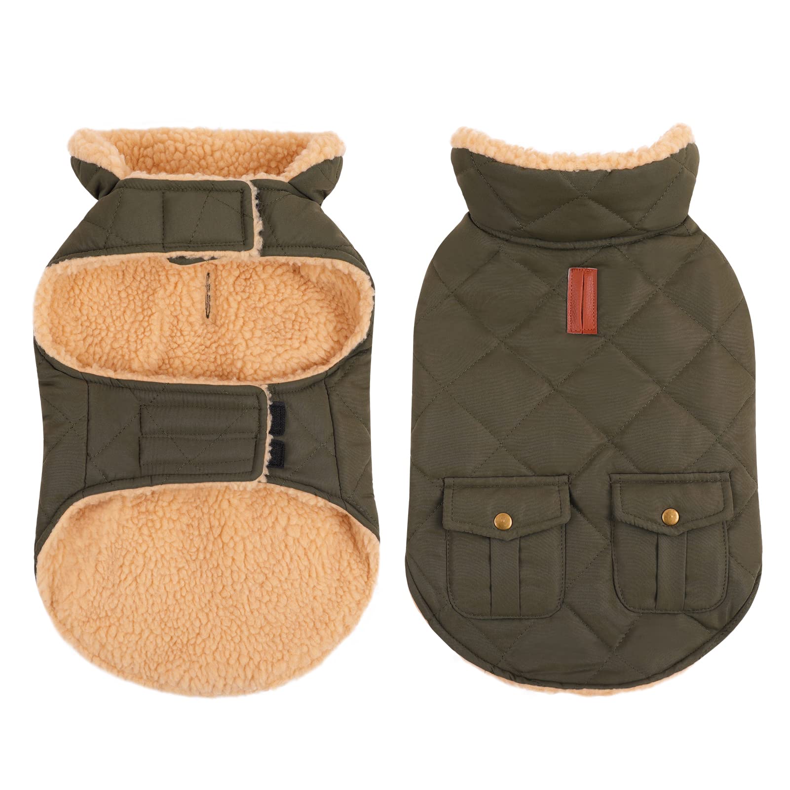 Queenmore Warm Dog Coat, Cold Weather Puffer Dog Coat, Quilting Winter Dog Jacket Ultra Thick Plush Lining With Storage Pockets 