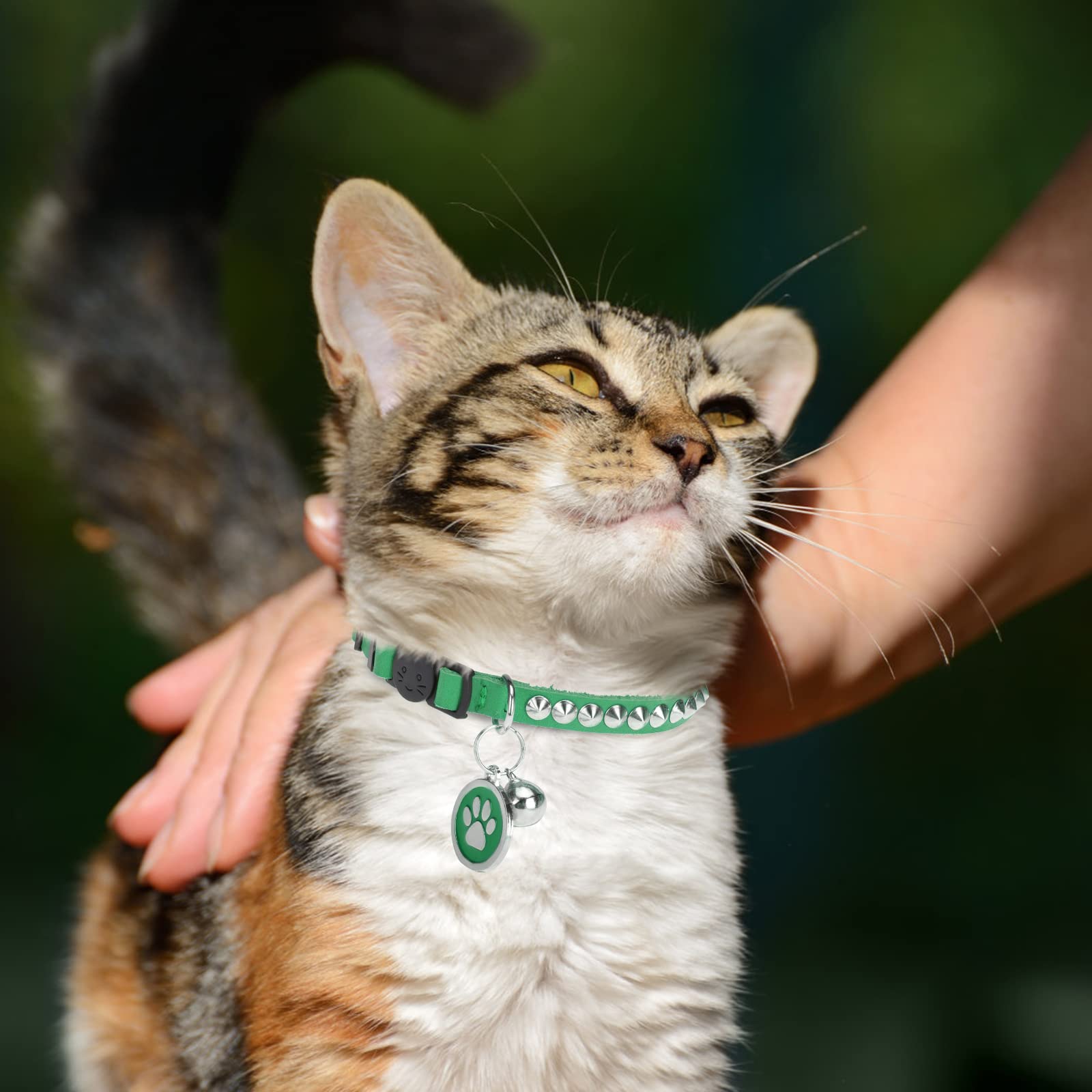 Dillybud Leather Personalized Breakaway Cat Collar With Studded Bell And Safety Quick Release Buckle - Rivets Studded Id Diy Collars For Boy Girl Cats Kittens, 9' - 11.5' Green