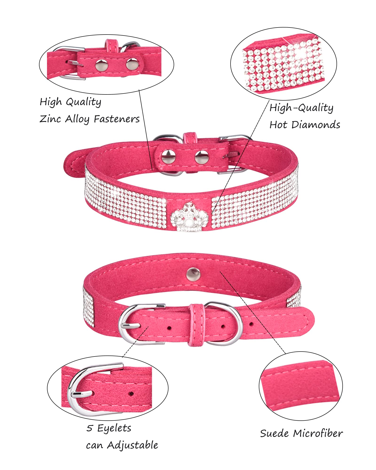 Dog Collar For Small Dogs, Adjustable Leather Suede Bling Dog Collars,Pink Dog Collar Cat Collar, Rhinestone Dog Collar (L, Rose