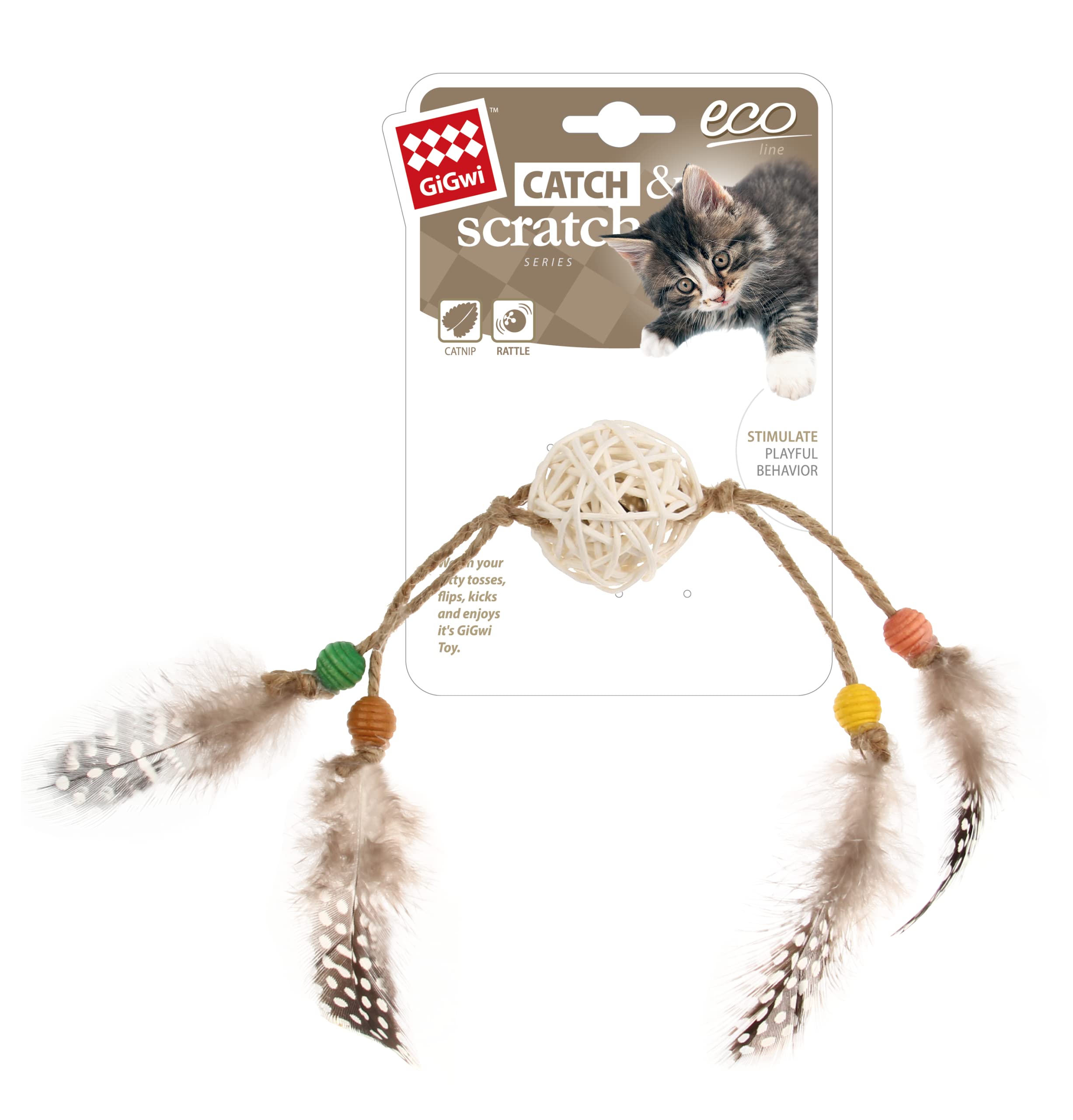 Gigwi EcoLine Rattle Cat Toy, EcoFriendly Rattan With Natural Bird Feathers, Includes Catnip, Safe, NonToxic, Promotes Playfu