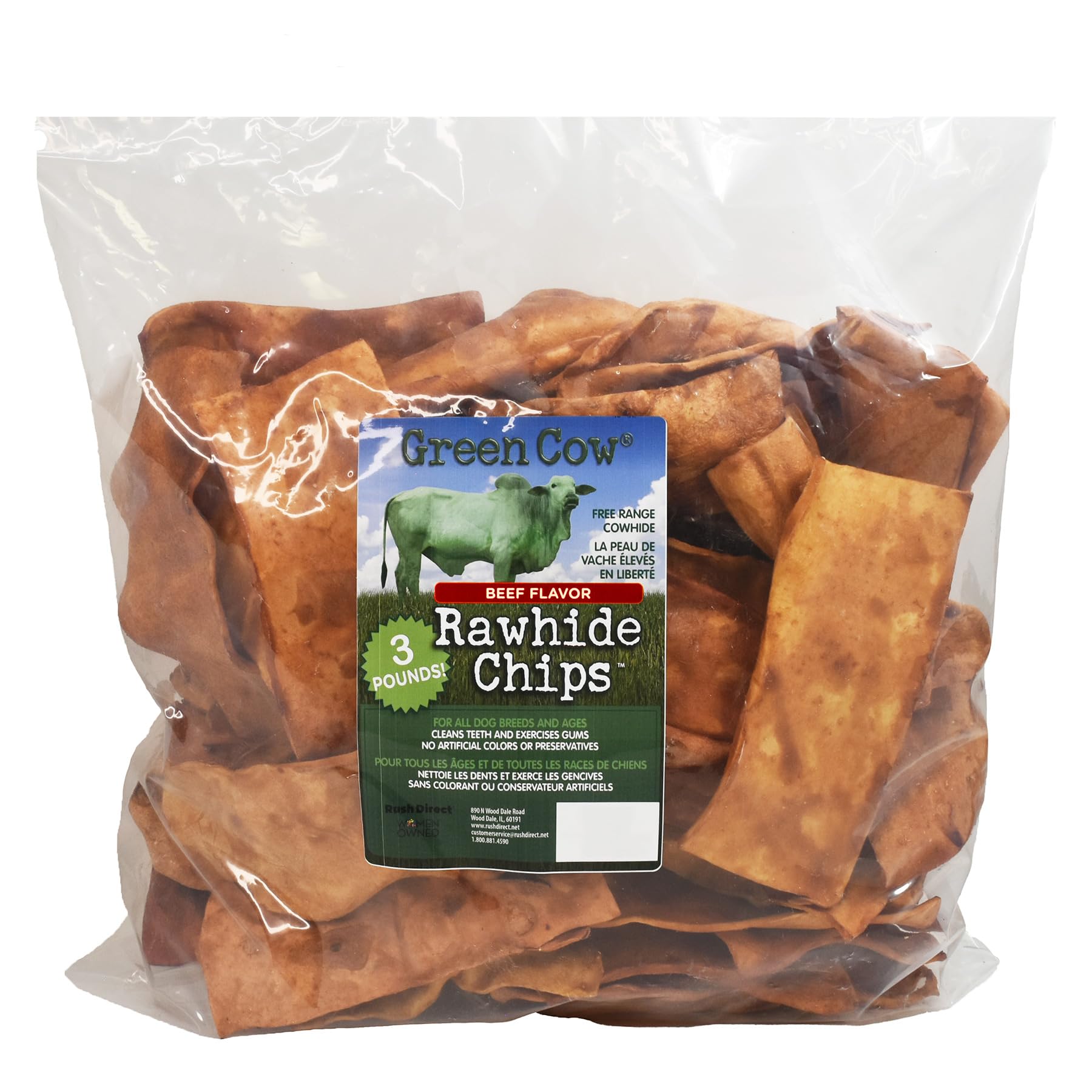 GreenCow Rawhide Chips Beef Flavor 3-Pound Bag - Premium Large Dog Rawhide Chews - Ideal for Agressive Chewers Dog Rawhide Treat