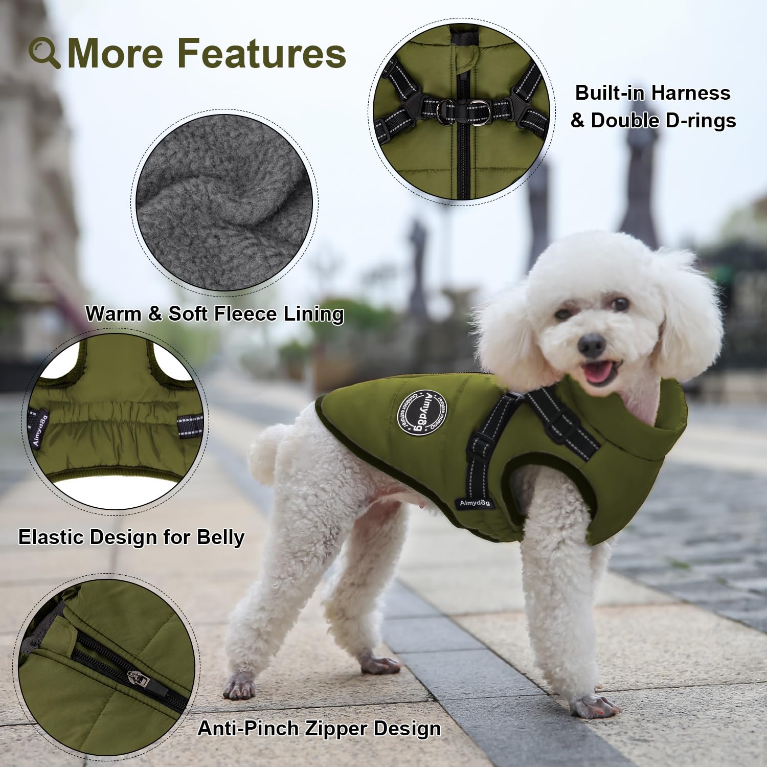 Aimydog Dog Winter Coat, Reflective Fleece Vest with Harness, Windproof Snowsuit for Small Medium Dogs, XS, Green