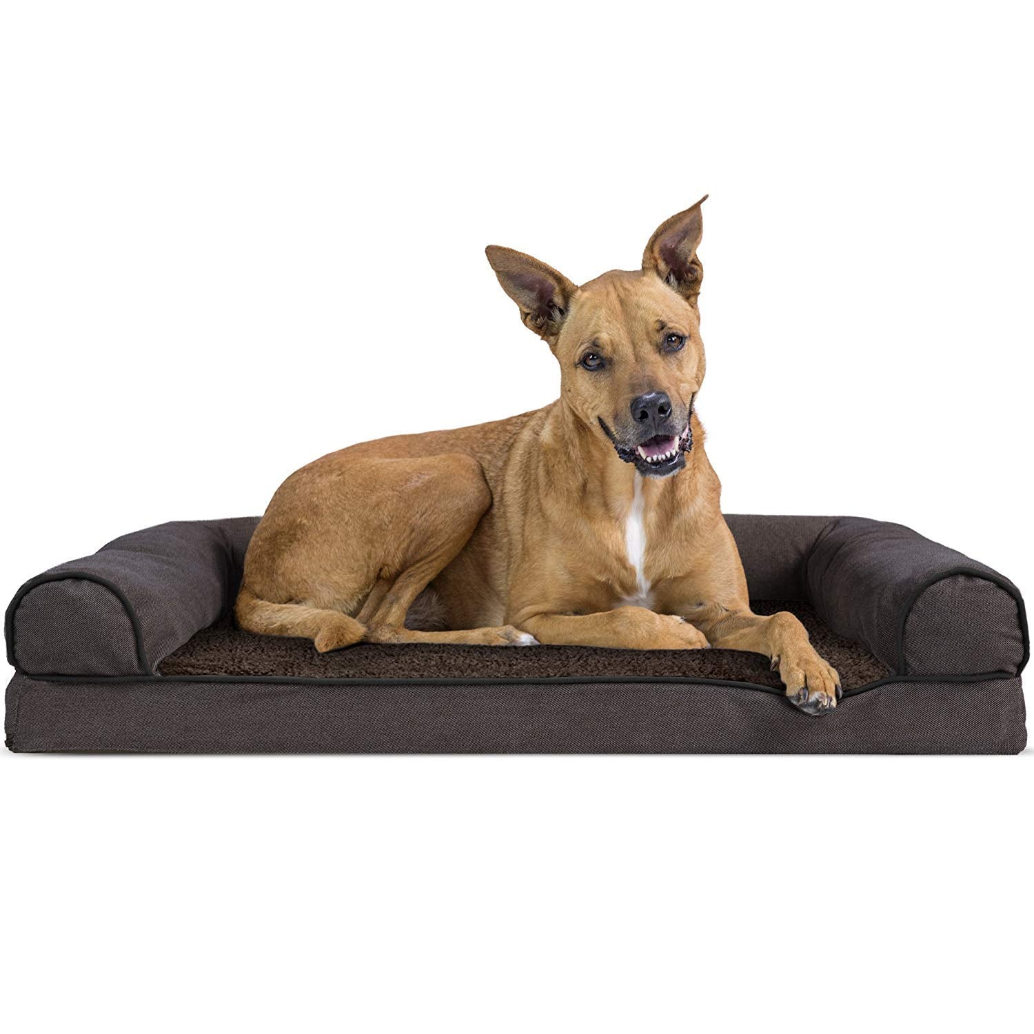 Furhaven Large Orthopedic Dog Bed Sherpa & Chenille Sofa-Style W/ Removable Washable Cover - Coffee, Large