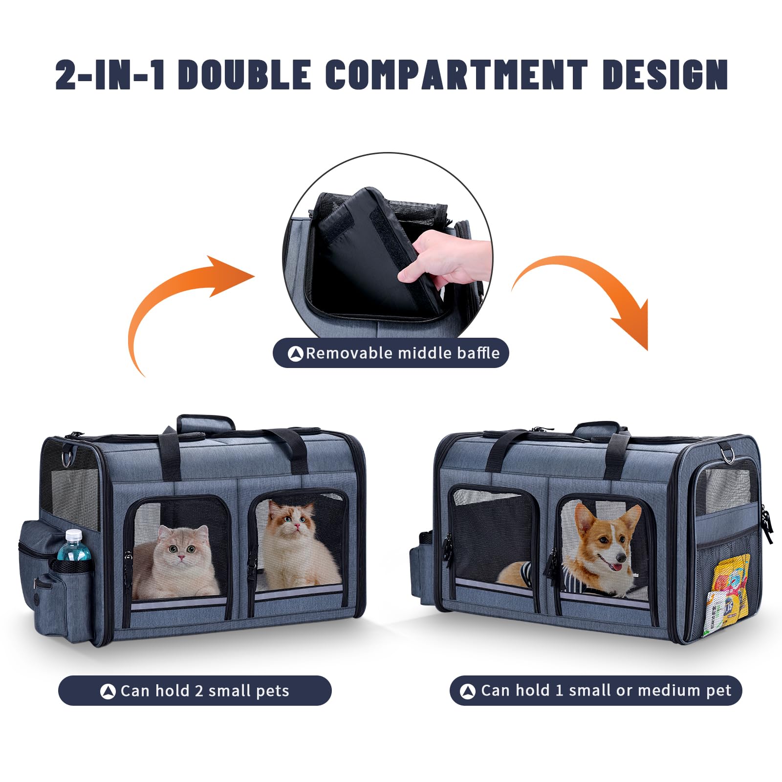 Groxkox Cat Carrier for 2 Cats, Foldable Double Cat and Dog Carrier, Small to Medium Size, 2 Front Zippered Compartments,Two Pet