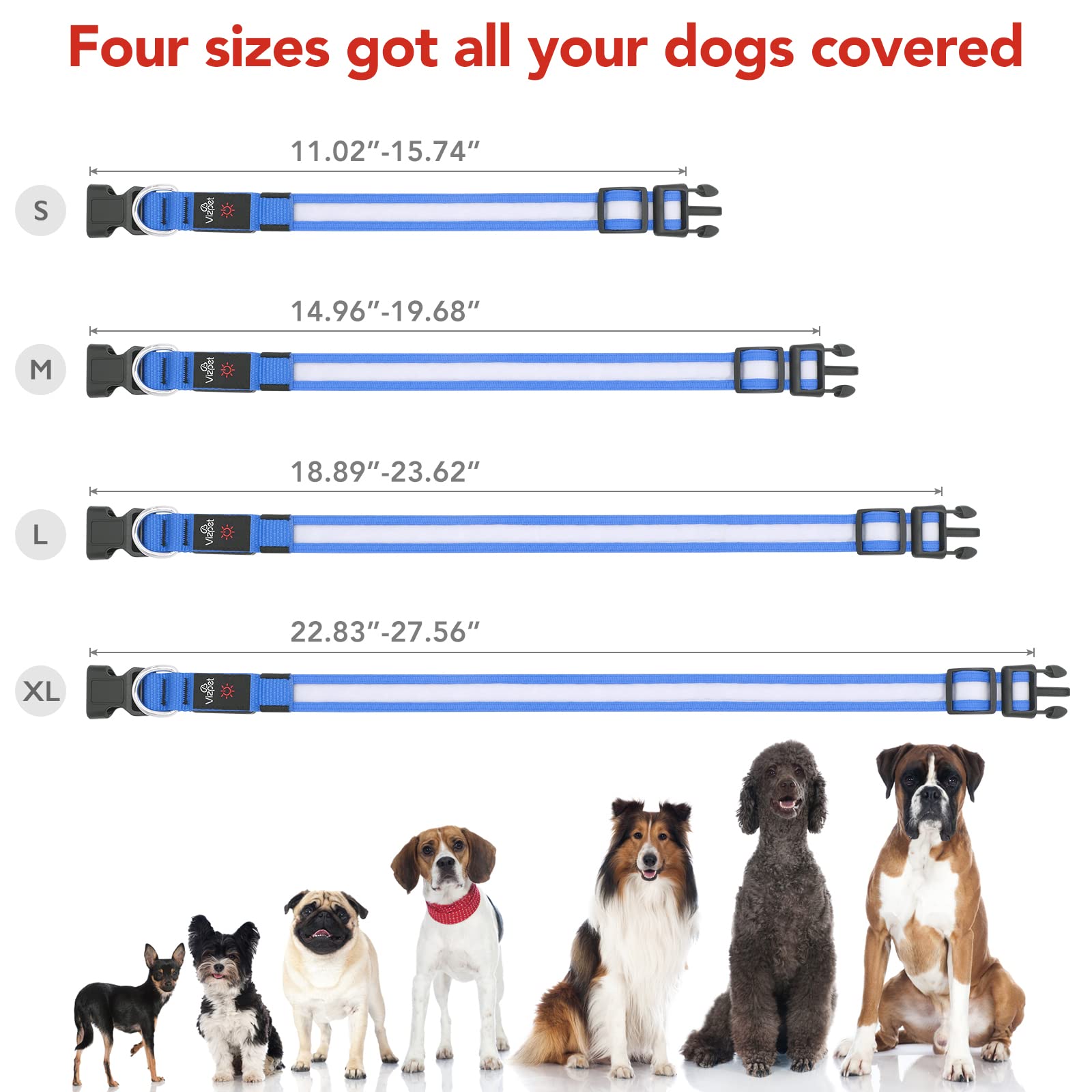 Vizpet Led Dog Collar, Light Up Dog Collar Adjustable Usb Rechargeable Super Bright Safety Light Glowing Collars For Dogs(X-Large,Blue)