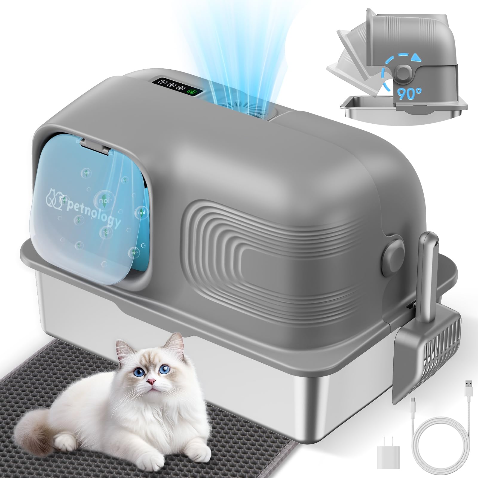 Stainless Steel Litter Box, Patented Ordor Control Technology, No Filters Needed, Convenient Flip-Top Lid, Extra Lage 65L Enclos