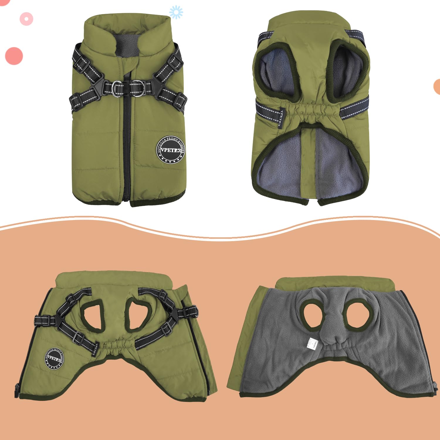 V.Pet.B.R Warm Dog Jacket - Padded Fleece Vest With Built-In Harness, Waterproof Windproof Reflective Cozy Snow Pet Coat With Zi