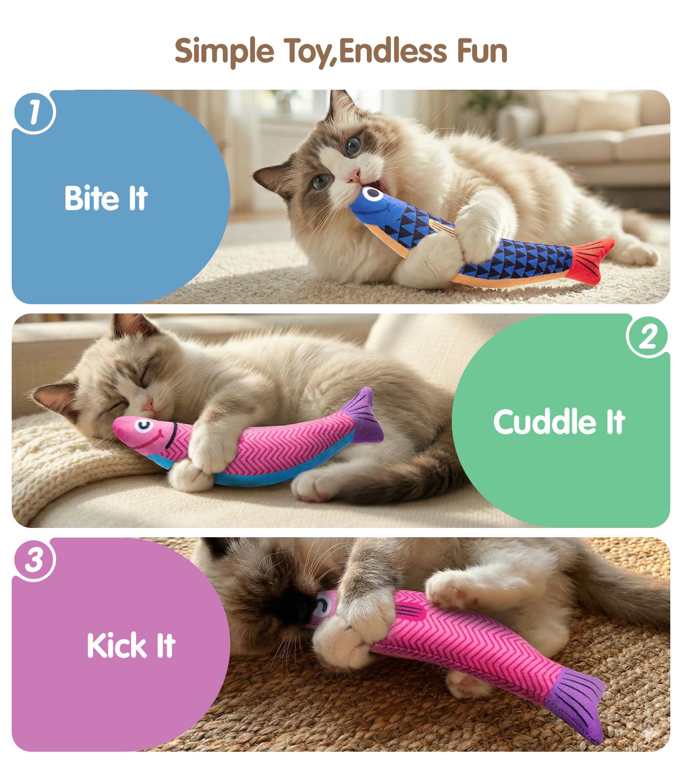 PetBusy Cat Toys - Interactive Soft Chew Kicker with Natural Catnip & Silvervine - Crinkle & Bell Fish Sound - Blue/Pink, Model CFCT-A-01