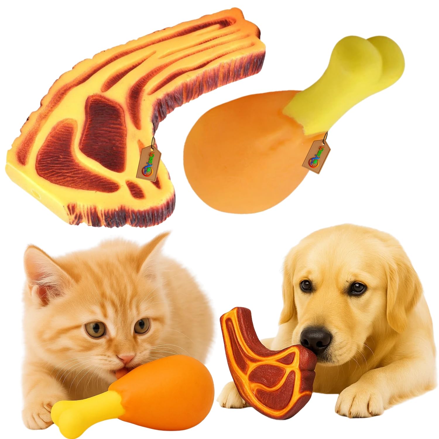 DreamAuro Meat Piece & Chicken Leg Squeaky Toy Combo for Dogs & Cats | Soft Chewable Rubber Toys with Builtin Squeaker | Intera