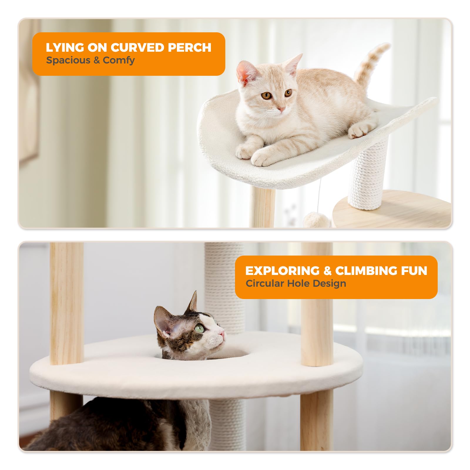 PETEPELA Cat Tree Tower - 5-Level Indoor Climbing Play House, Engineered Wood, Beige, Model AM11-3-AMT0075BG