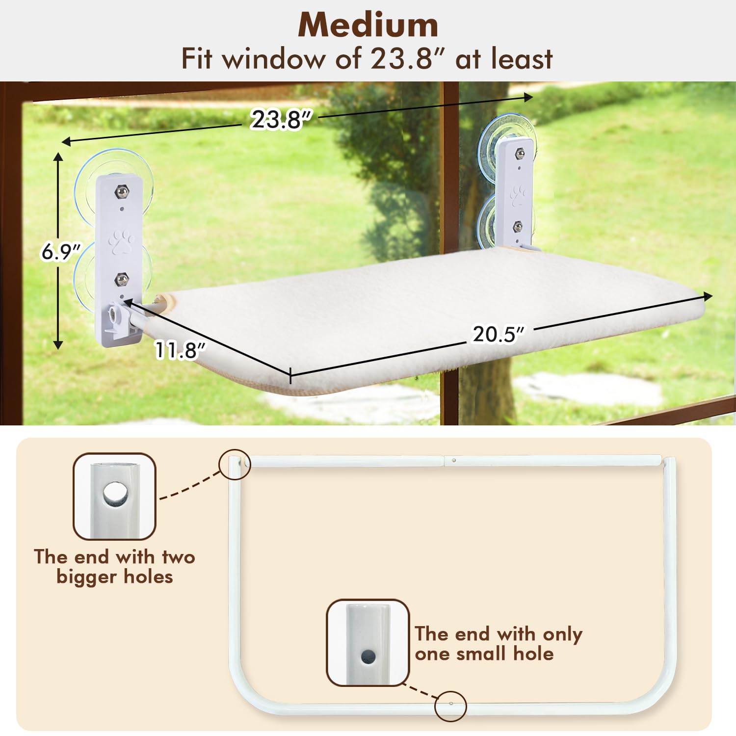 AMOSIJOY Cordless Cat Window Perch, Medium Foldable Cat Hammock, Stainless Steel, 4 Suction Cups, Grey & Khaki Covers, Model CWP-M