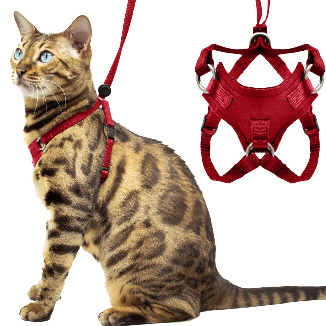 Houdini Escape Proof Cat Harness And Leash Set By Outdoorbengal - Red, Large Cat Harness For Walking Big Cats