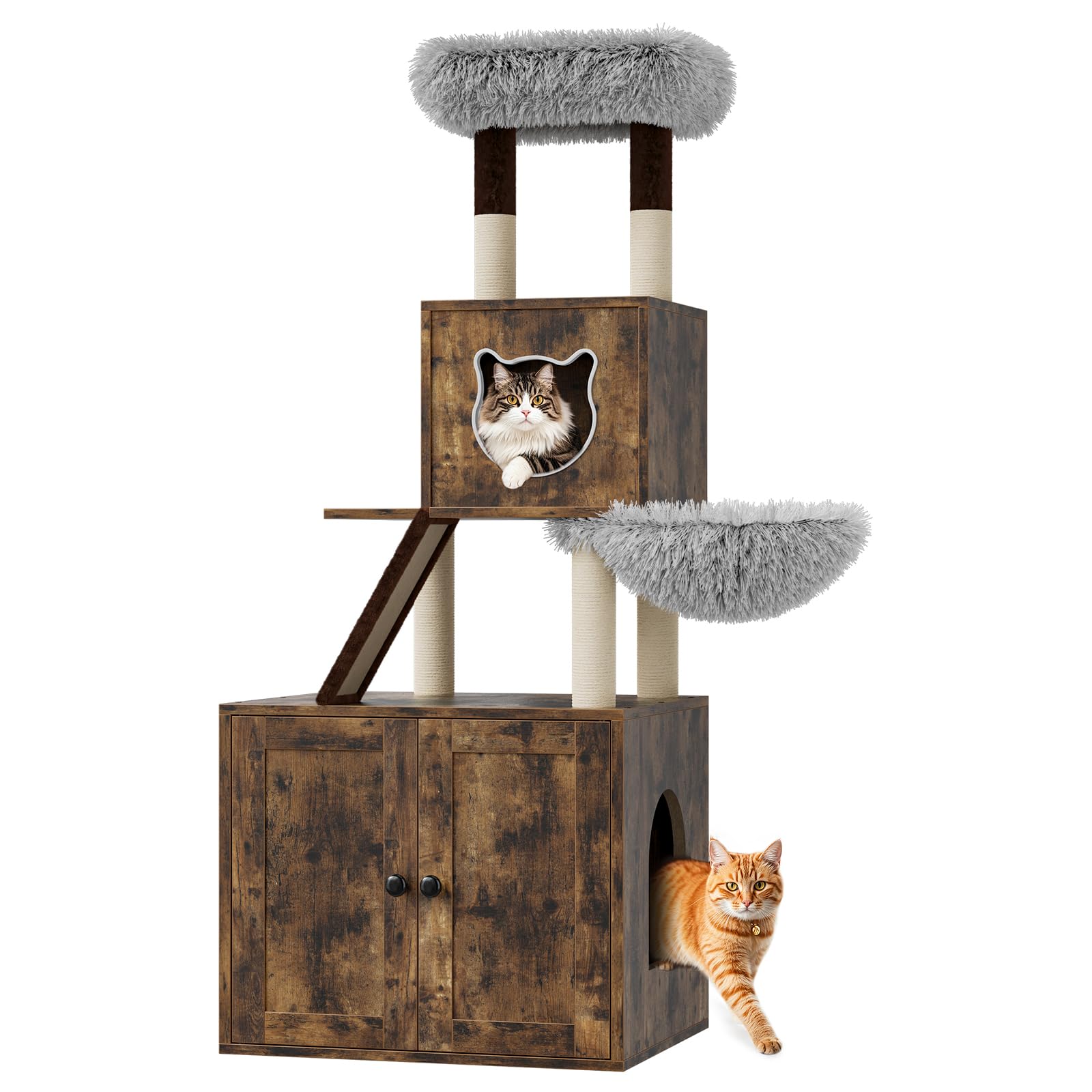 Litter Box Enclosure with Cat Tree Tower and Condo, Hidden Cat Washroom Furniture with Sisal Scratching Post & Soft Plush Perch,