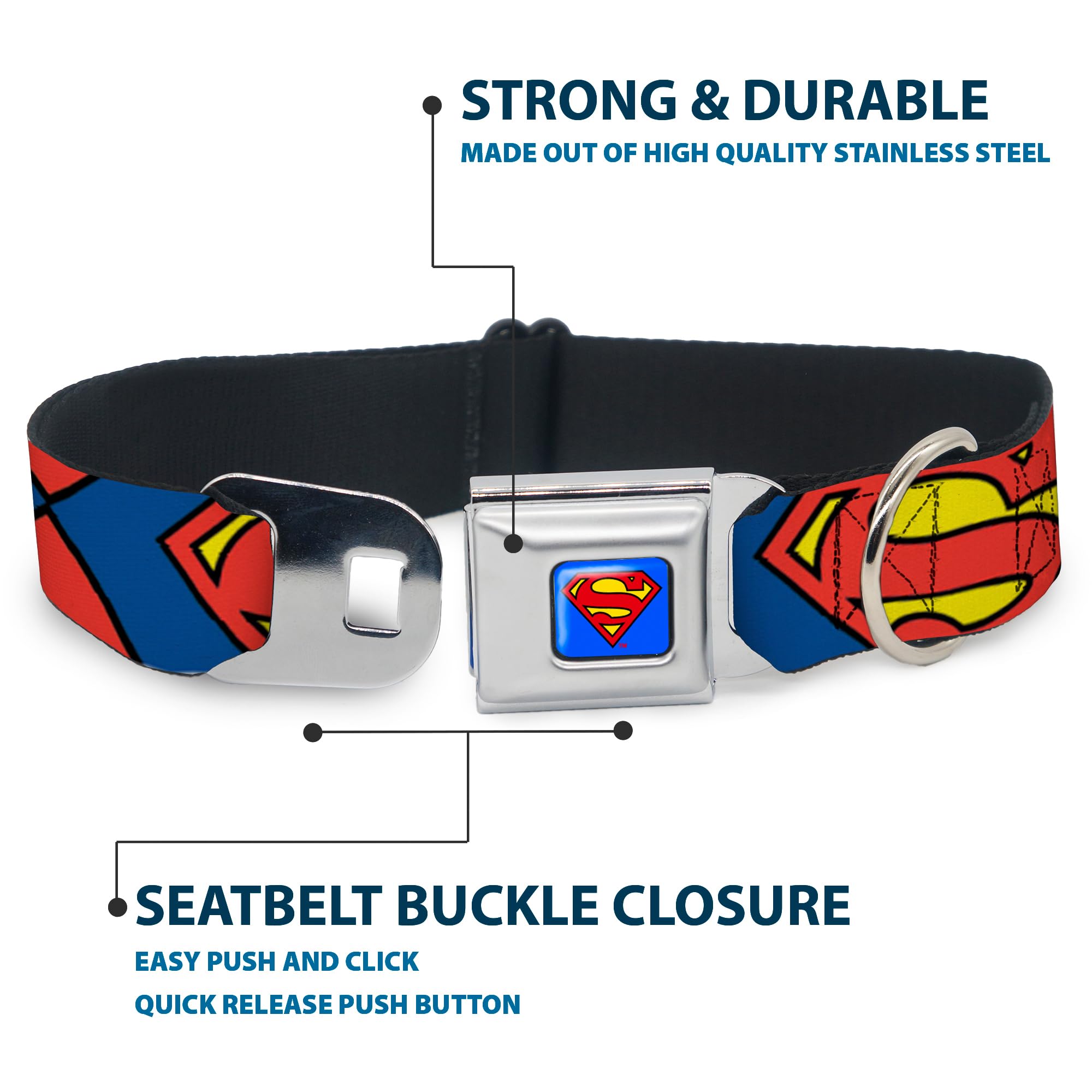 Buckle-Down Dog Collar Seatbelt Buckle Superman Shield Close Up Blue Red Yellow, Multicolor, 1.5' Wide - Fits 16-23' Neck - Me
