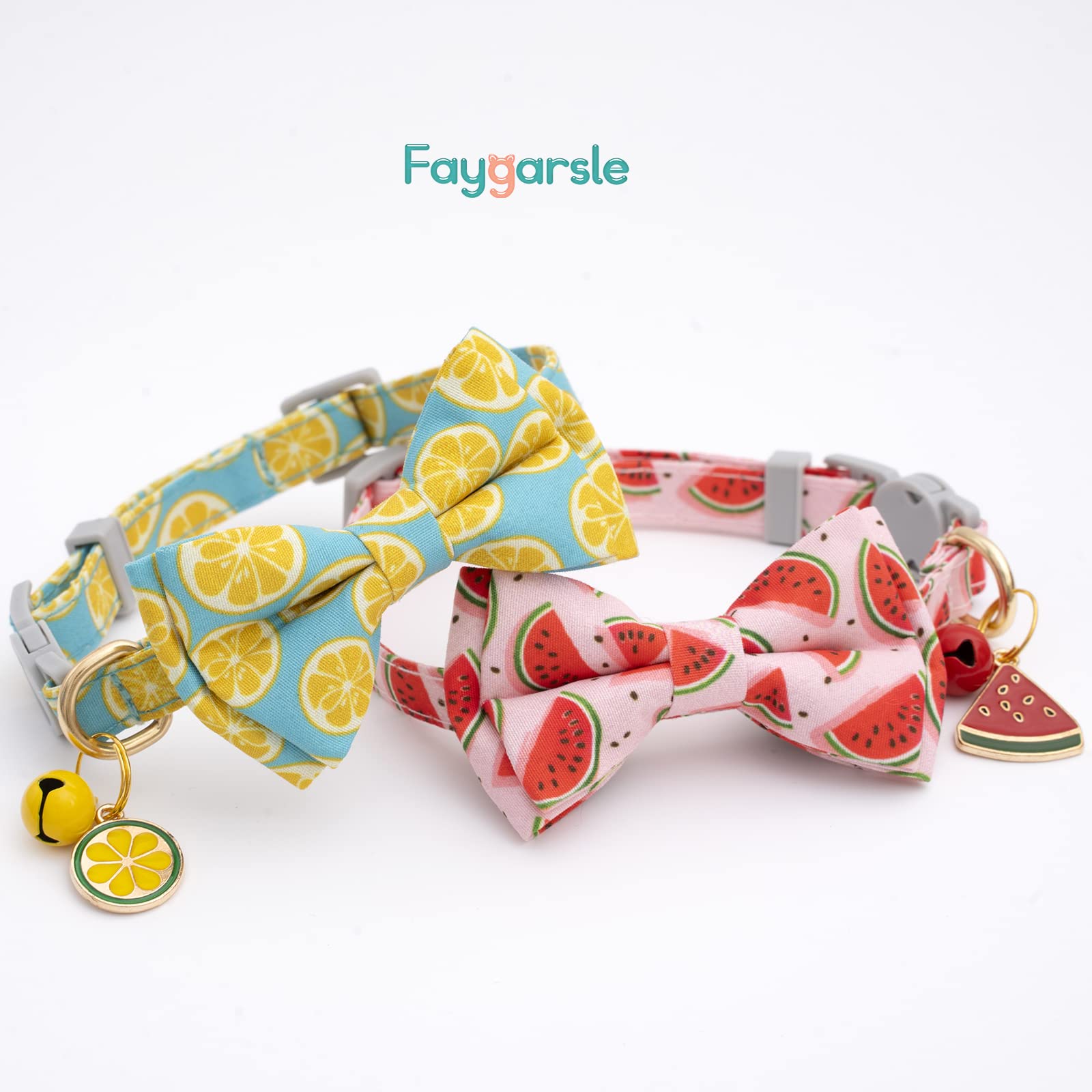 Faygarsle 2 Pack Cute Cat Collar With Bell Breakaway Bowtie Cat Collar For Male Female Cats Soft Fancy Pink Yellow Cat Collar Watermelon Lemon Pattern Spring Summer Cat Collar For Boy Girl Cats