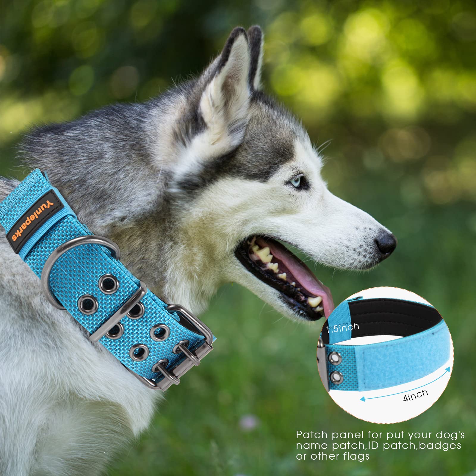 Yunleparks Tactical Collar For Medium Large Dogs, Heavy Duty Metal Buckle, Soft Neoprene Padded, Nylon Wide(Medium, Blue)