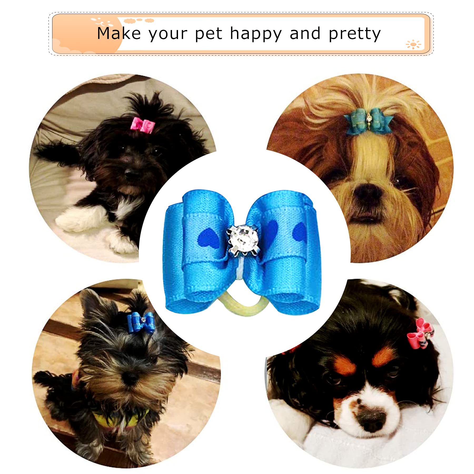 JpGdn 50pcs /25Pair Small Dog Hair Bows with Rubber Bands and Rhinestones Puppy Grooming Bows Doggies Cat Topknot Bowknot Pet Hair Accessories Color Random -Like New