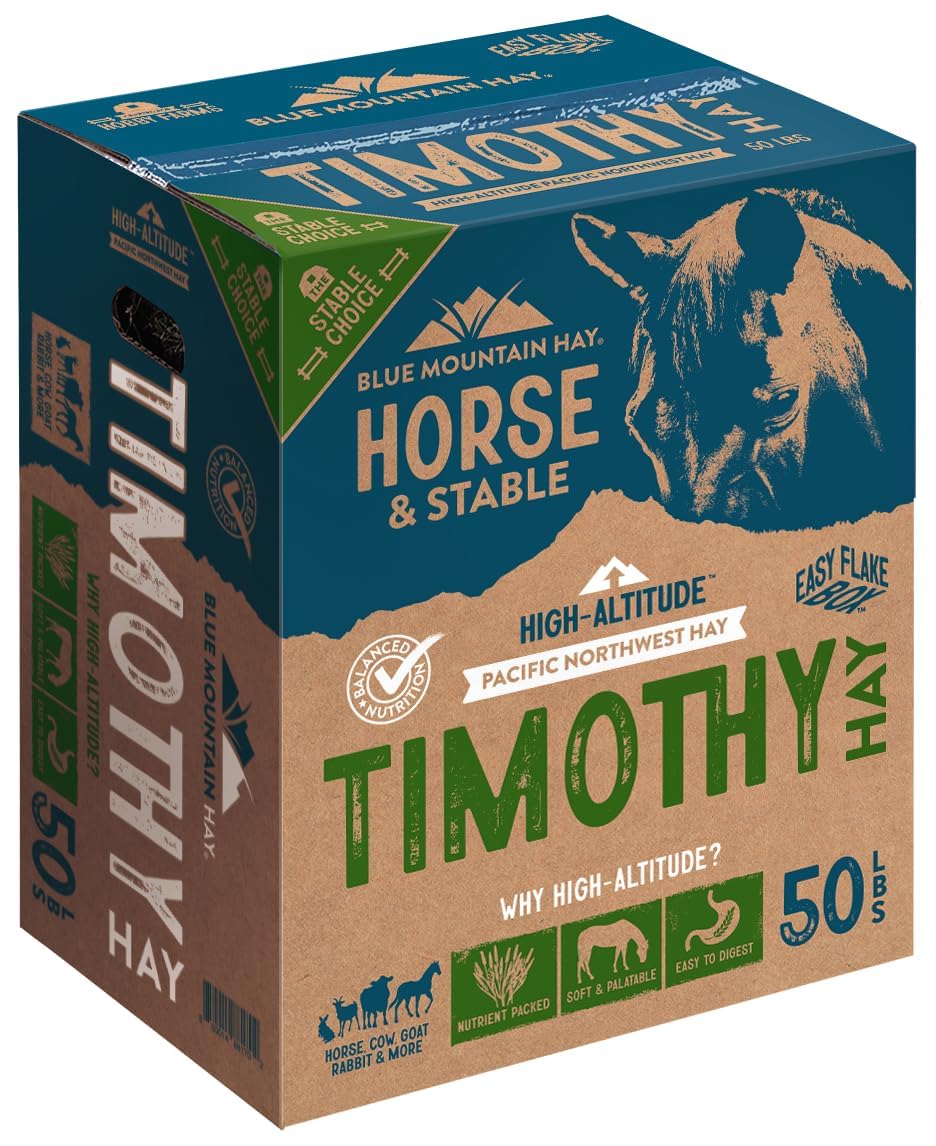 Blue Mountain Hay High-Altitude Timothy Hay, 50lb Easy Flake Box - Balanced Nutrition & High Fiber for Healthy Digestion and Wei