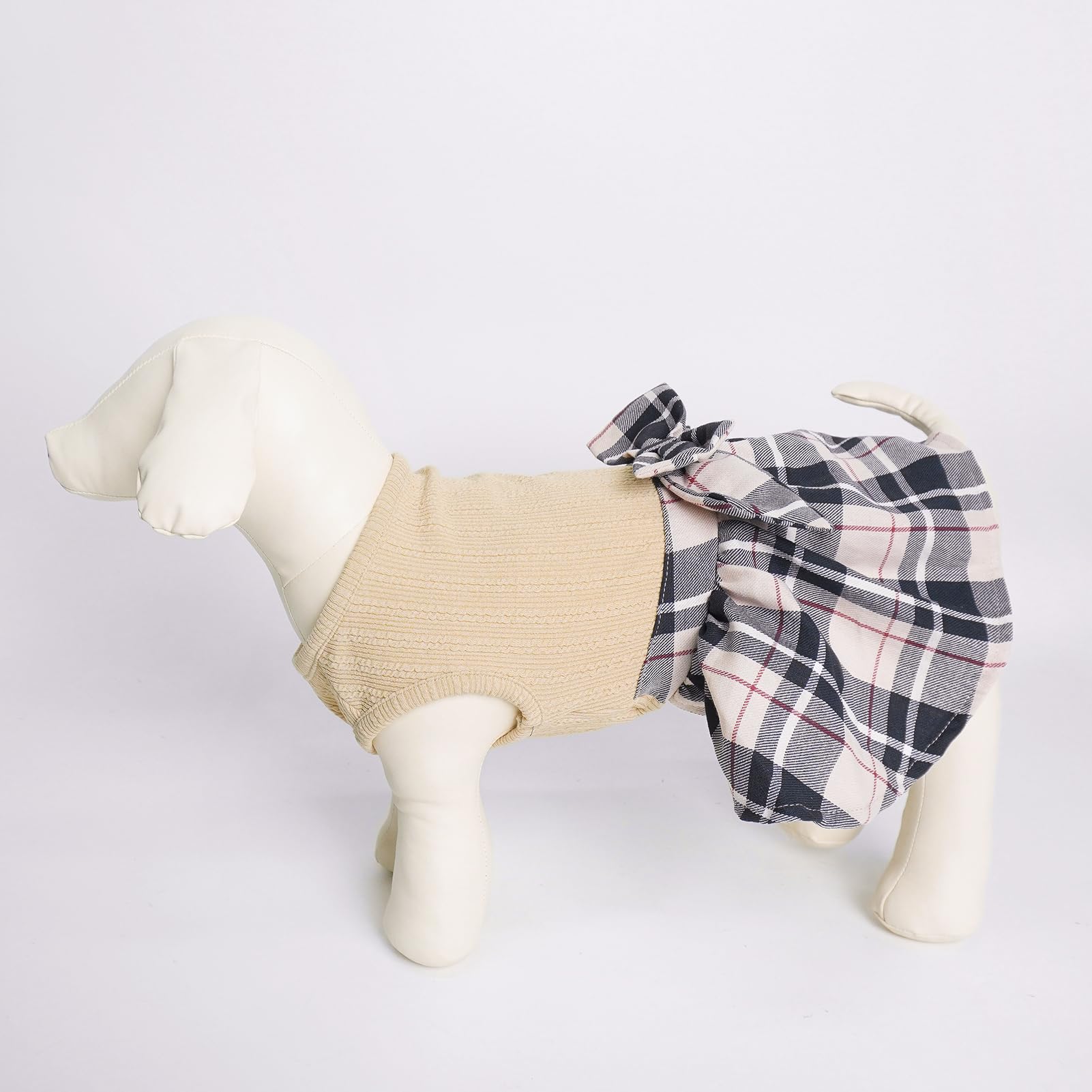 Pupteck Classic Plaid Dog Dress Pet Apparel With Cute Bowtie Puppy Clothes Outfit,Cream,M