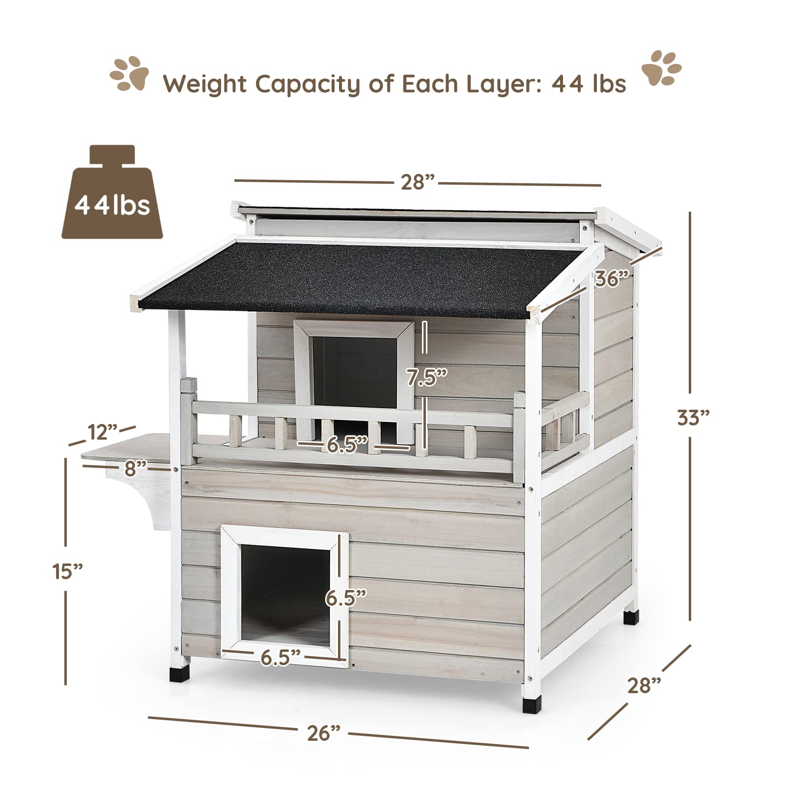 Petsite 2-Story Outdoor Cat House Weatherproof, Wooden Cat Shelter For Multiple Feral Cats
