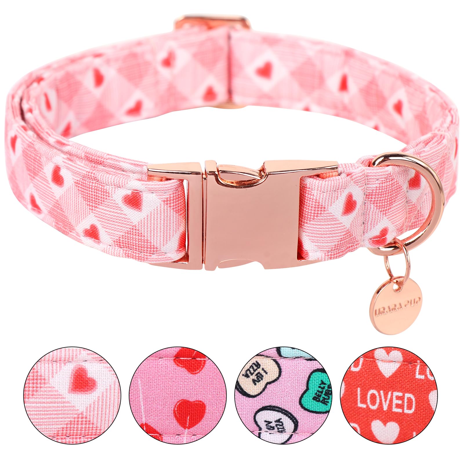 Up Urara Pup Valentine'S Dog Collar, Pink Heart, Adjustable Size, Premium Cotton, Metal Buckle, L
