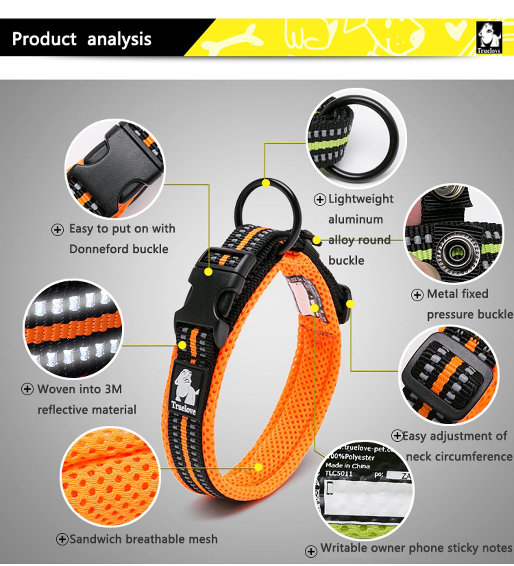Truelove Dog Collar Reflective Premium Duraflex Buckle,High Grade Nylon Webbing No Choke Basic Collars Tlc5011(Neon Yellow,M)