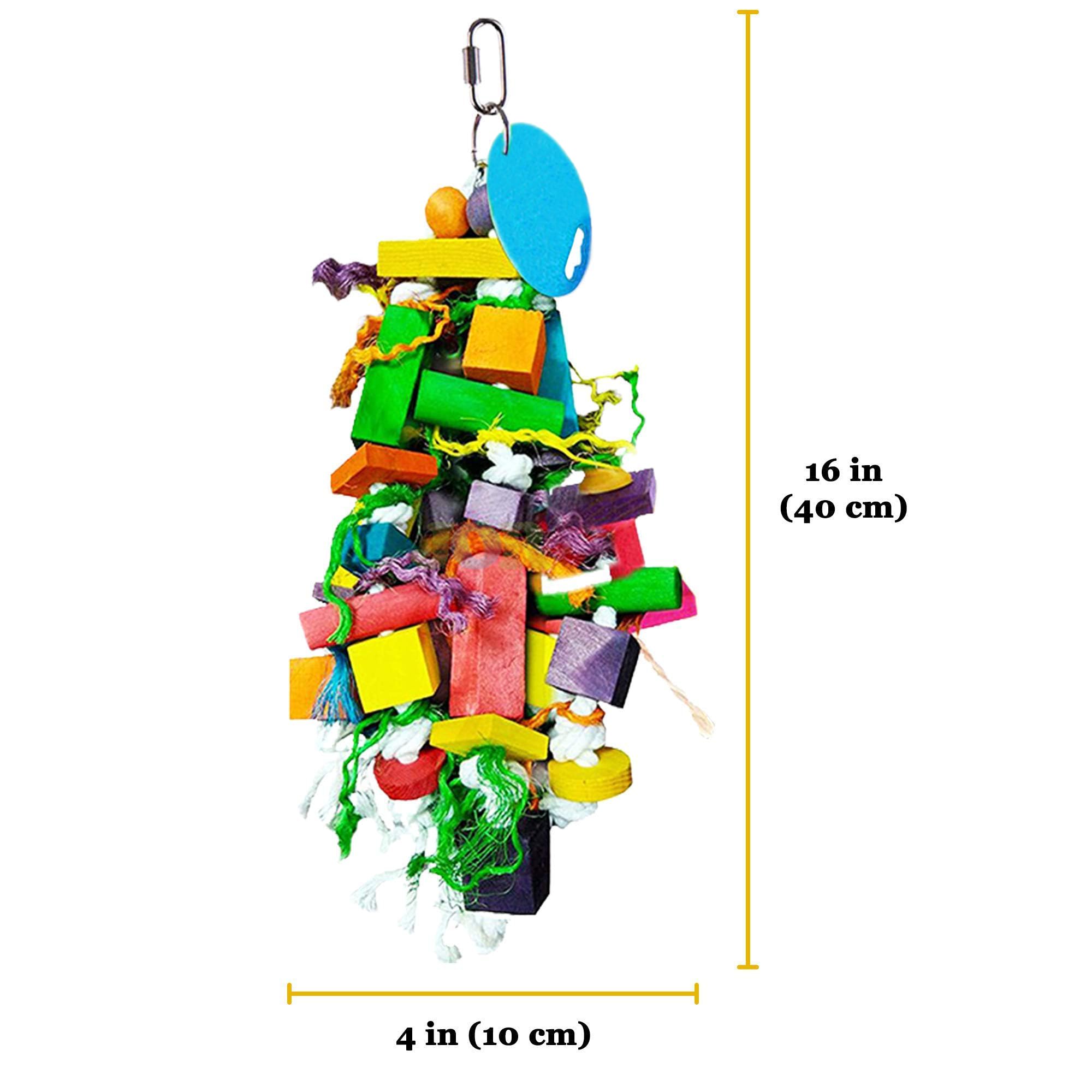 Sungrow Parrot Wooden And Rope Chewing Toy, Multi-Shaped And Multicolored Blocks And Cotton Rope With Hanging Loop