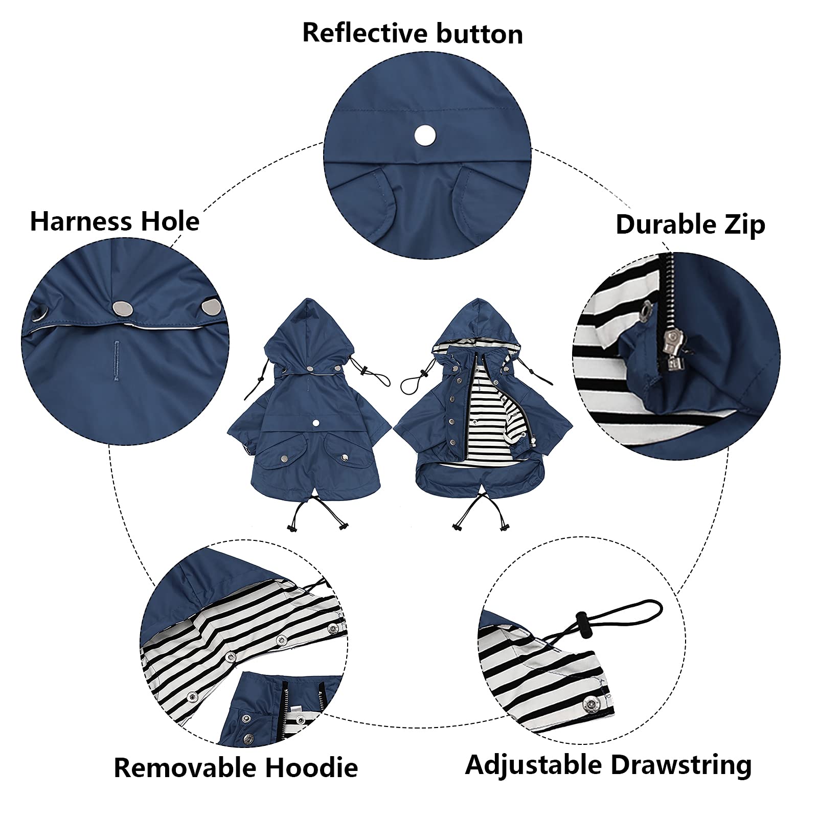 Morezi Dog Zip Up Dog Raincoat With Reflective Buttons, Rain/Water Resistant, Adjustable Drawstring, Removable Hood, Stylish Premium Dog Raincoats - Size Xs To Xxl Available - Dark Blue - Xs