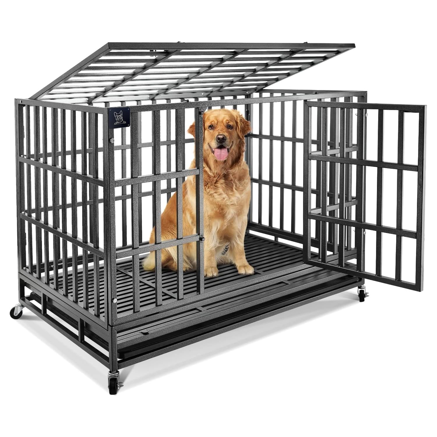 Confote 47 Inch Heavy Duty Dog Crate Metal Cage Kennel, High Anxiety Pet Cage With Lockable Wheels & Double Doors For Medium Lar