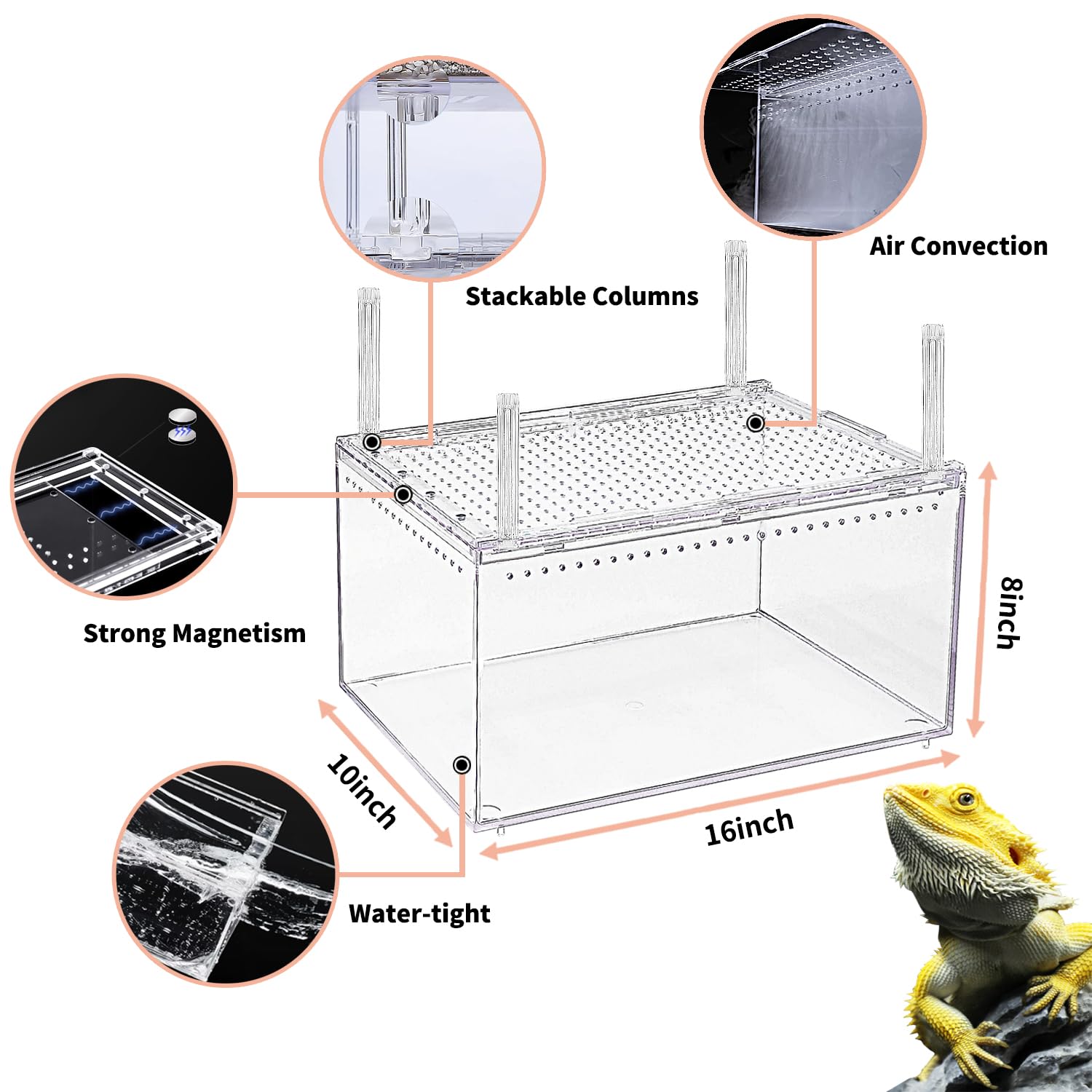 ?No Assembly? Reptile Tank Enclosure With Magnetic Button.16'' * 10'' * 8'' Thicken Snake Enclosure Cage,Batch Stackable Reptile